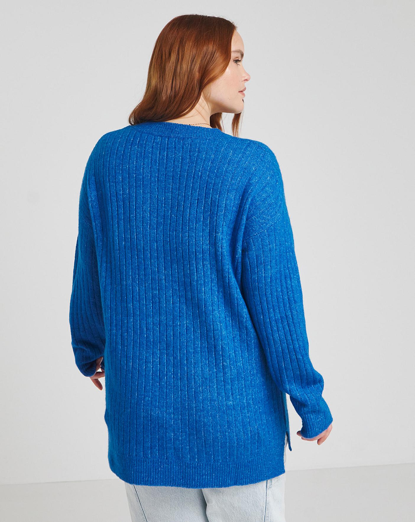 Blue Slouchy V Longline Ribbed Jumper