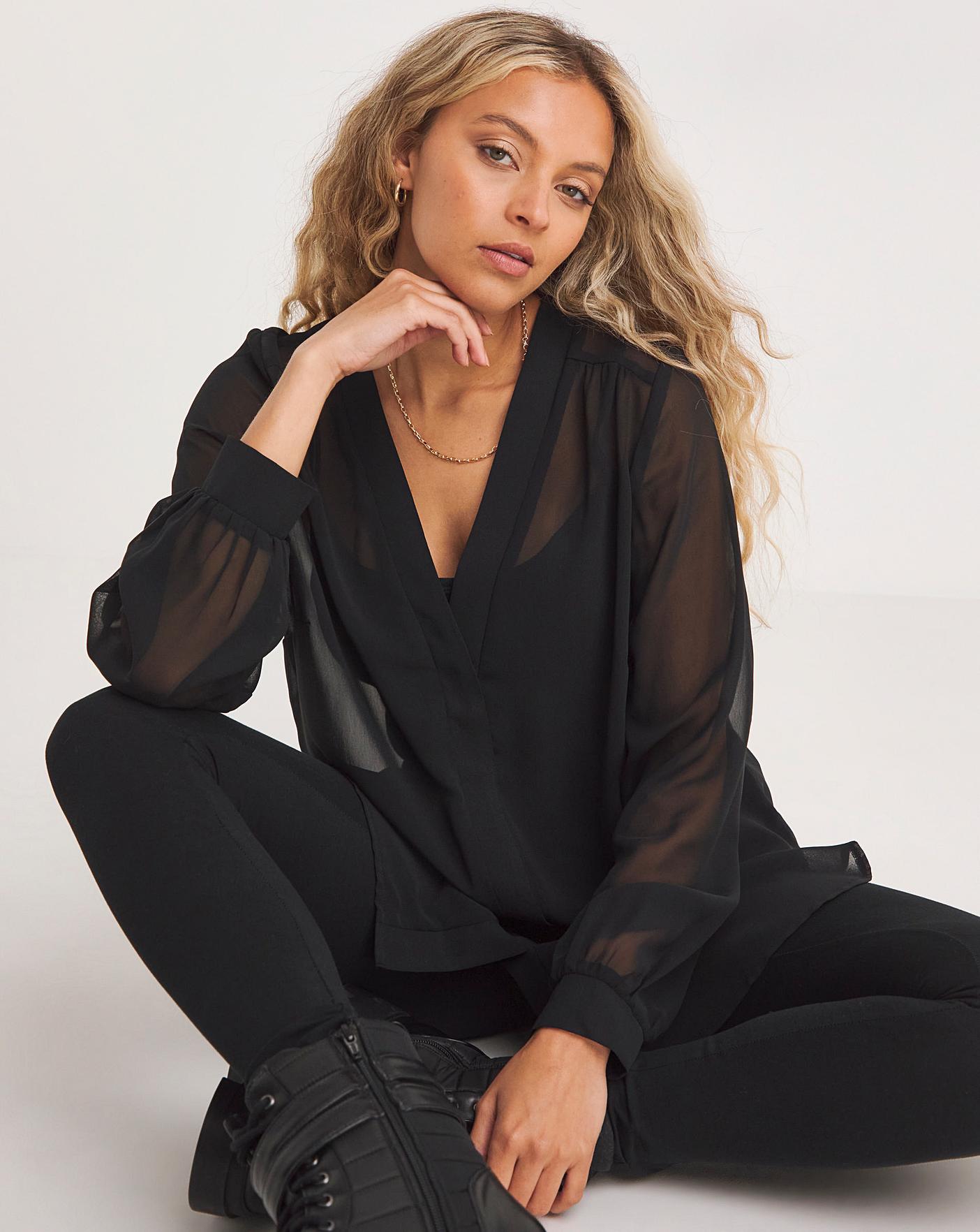 Black V-Neck Top with Sheer Mesh Sleeves