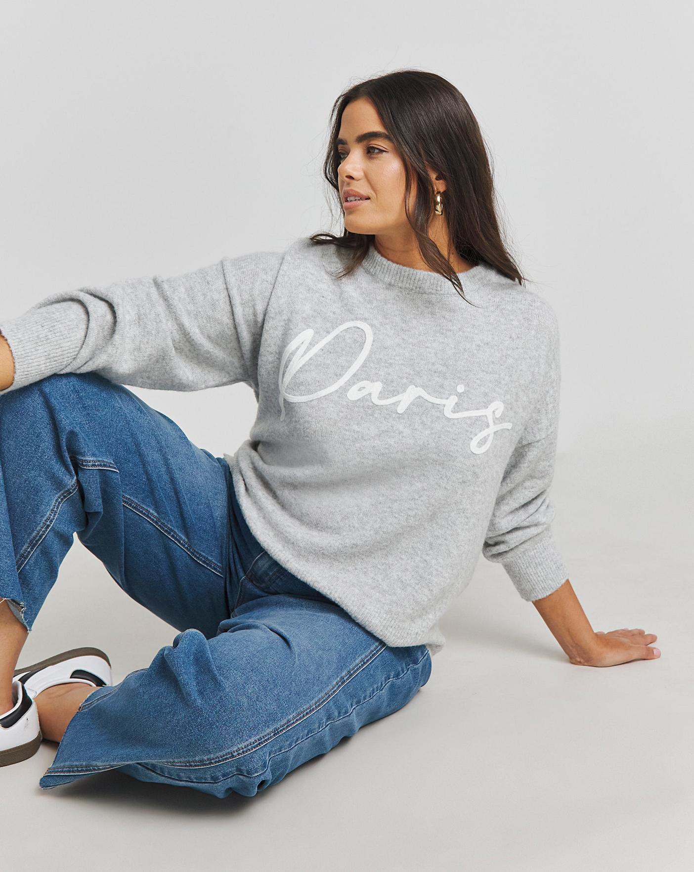 Grey Jumper Slogan Simply Be Paris Slogan Knitted Jumper Oxendales