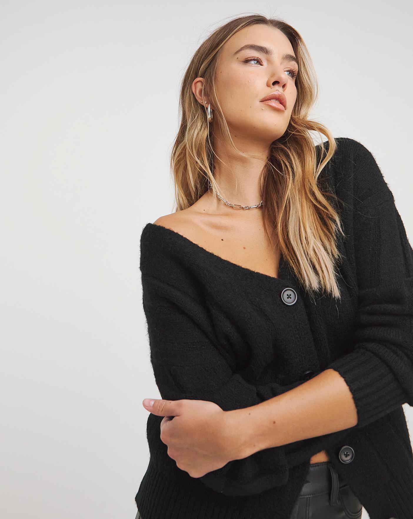 Black Wide Rib V Neck Cardigan | Fashion World