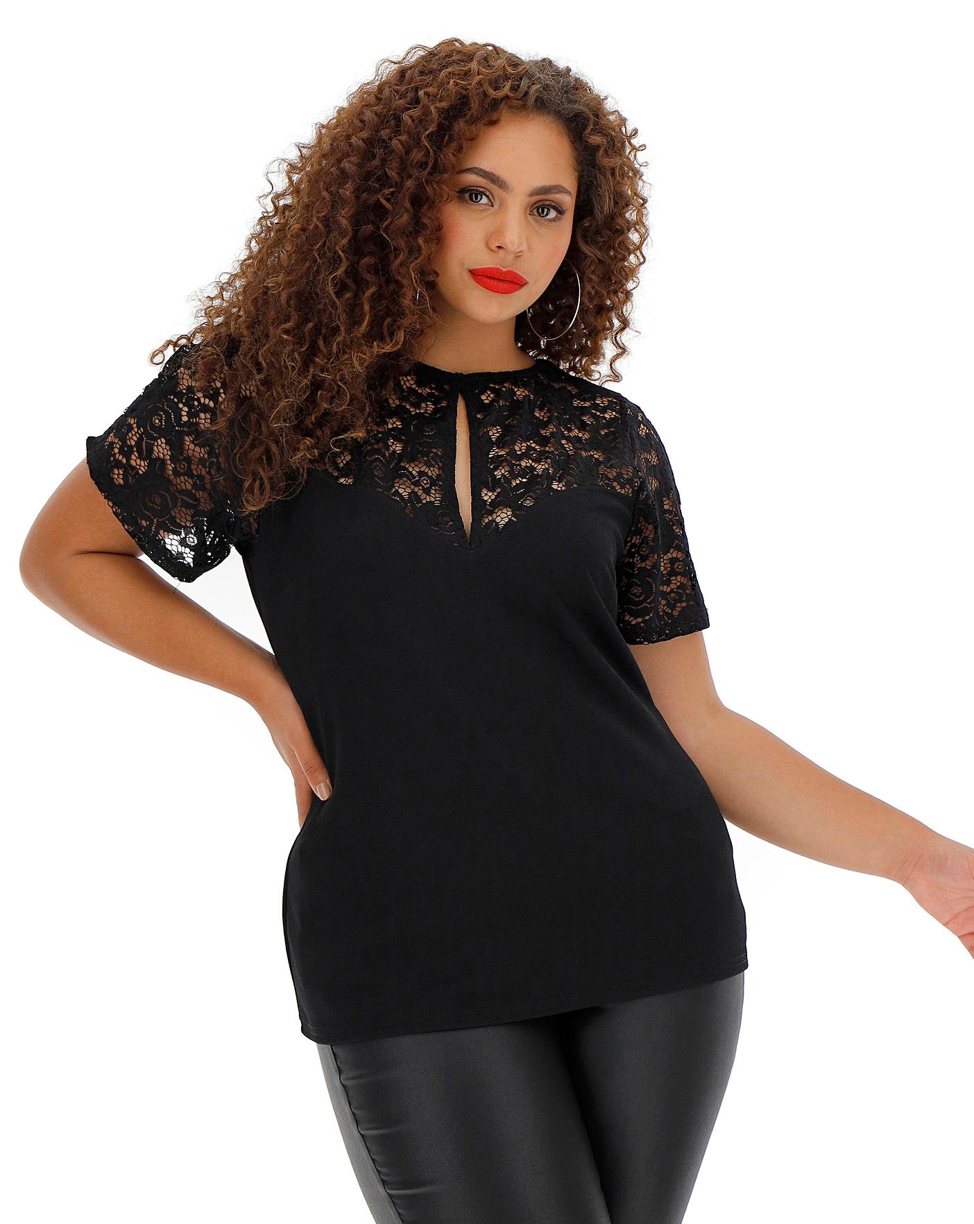 Black Lace Insert Peep Hole Top | Simply Be