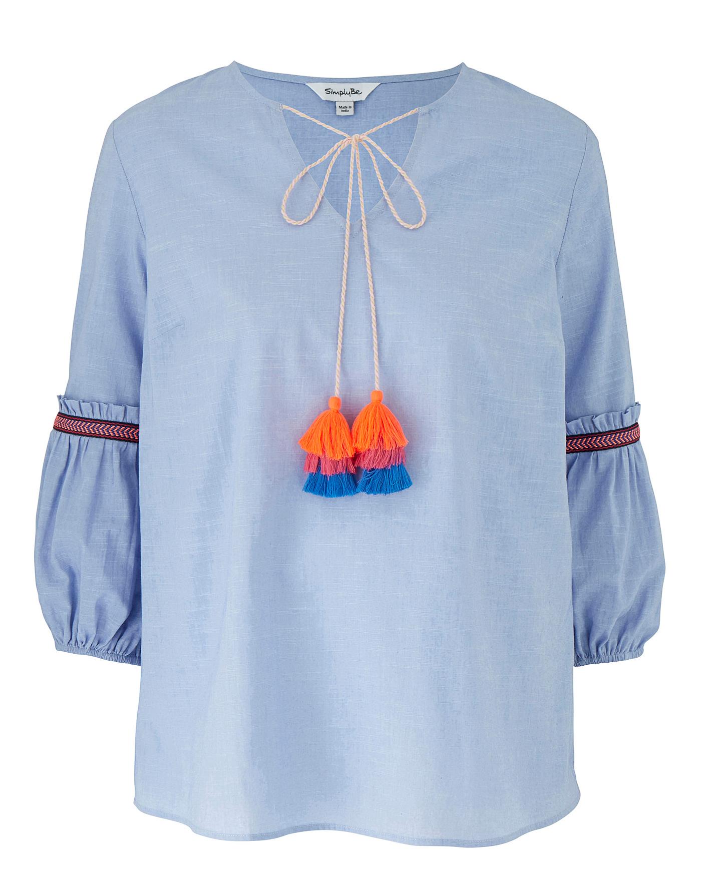 Blue Tassel Trim Fluted Sleeve Blouse Crazy Clearance