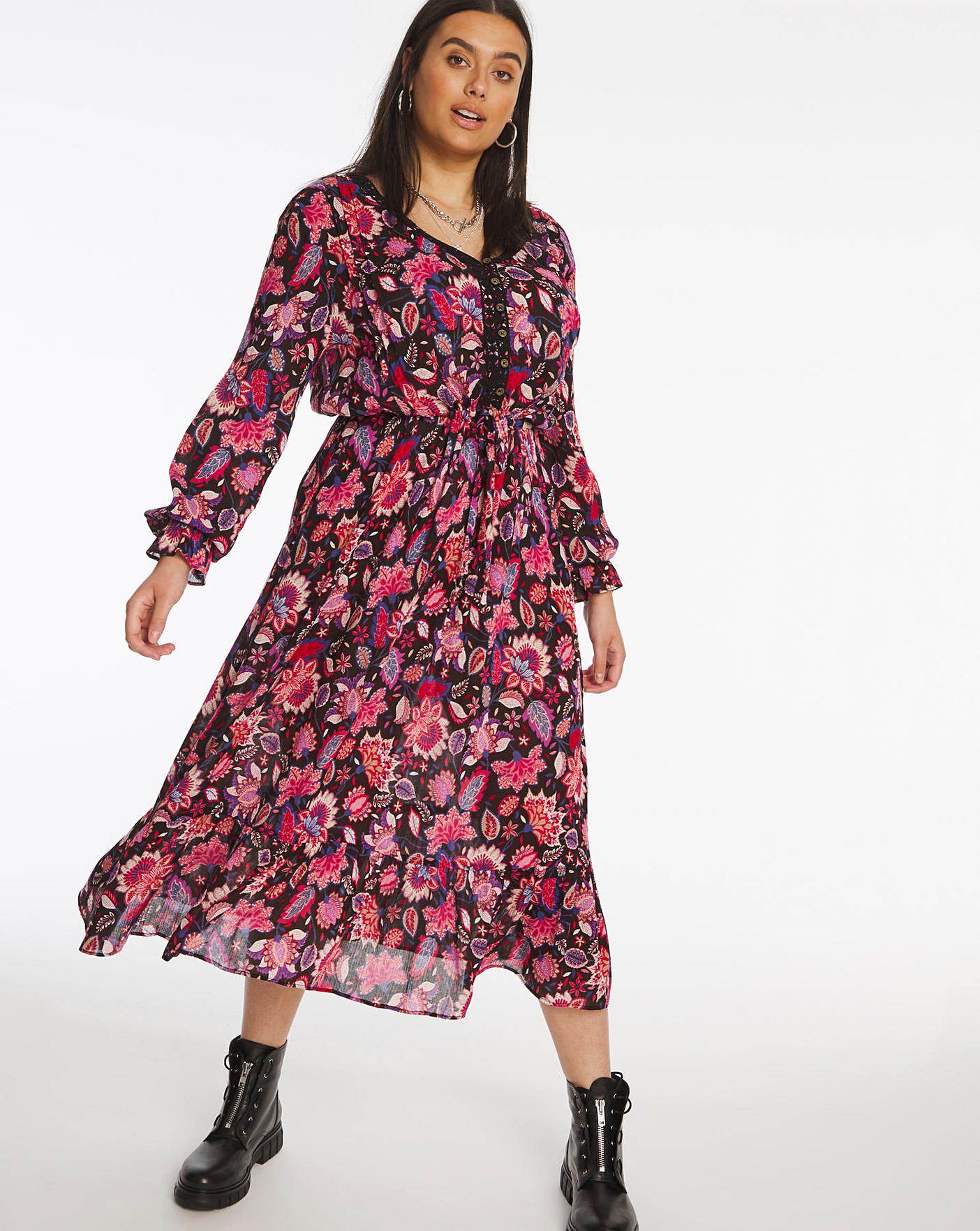 Folk Print Lace Trim Crinkle Midi Dress | Simply Be
