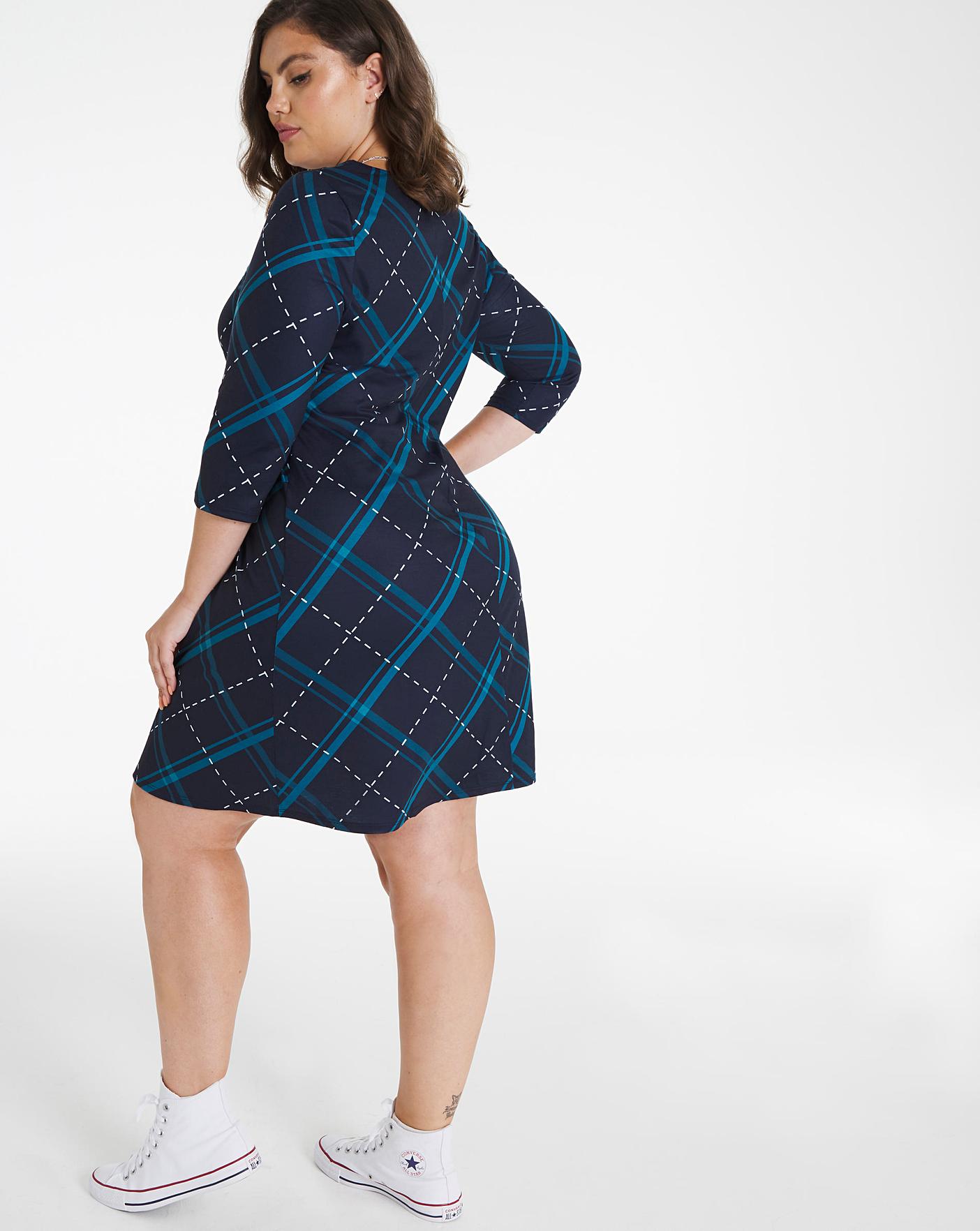 Navy Check 3/4 Sleeve Swing Dress | Simply Be