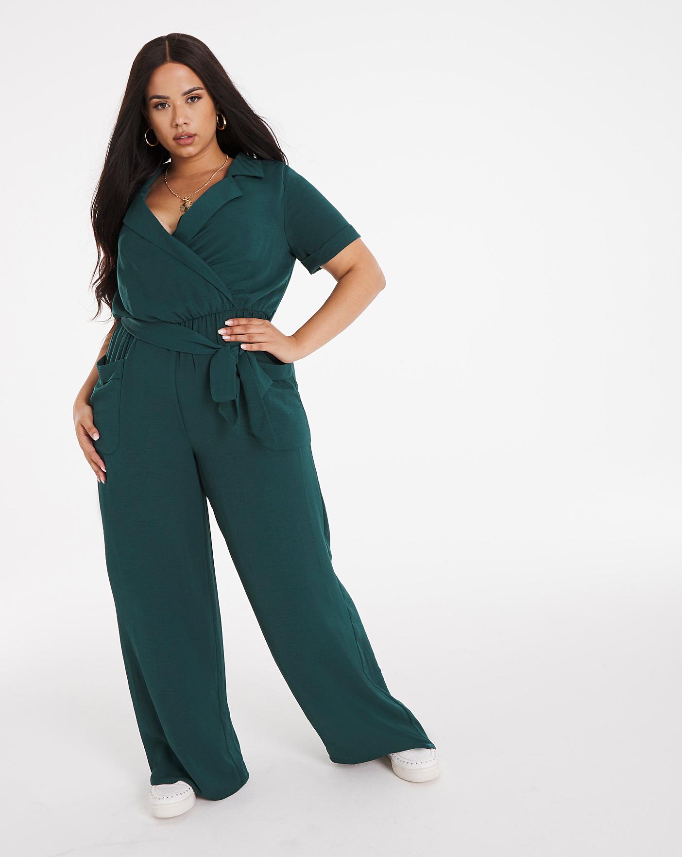 Bottle Green Tie Waist Collared Jumpsuit | Simply Be