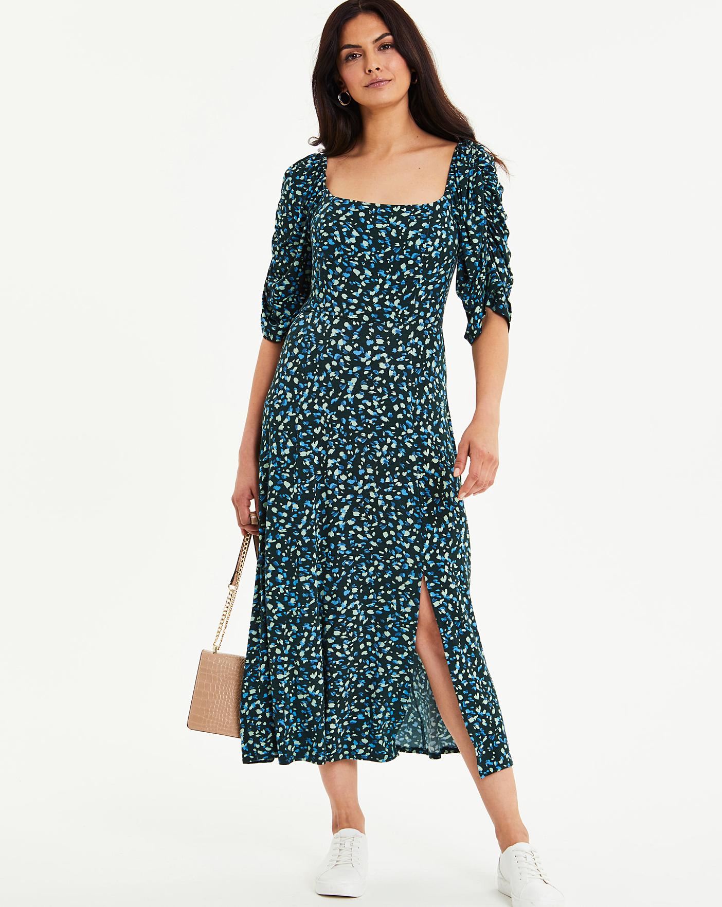 square neck puff sleeve midi dress