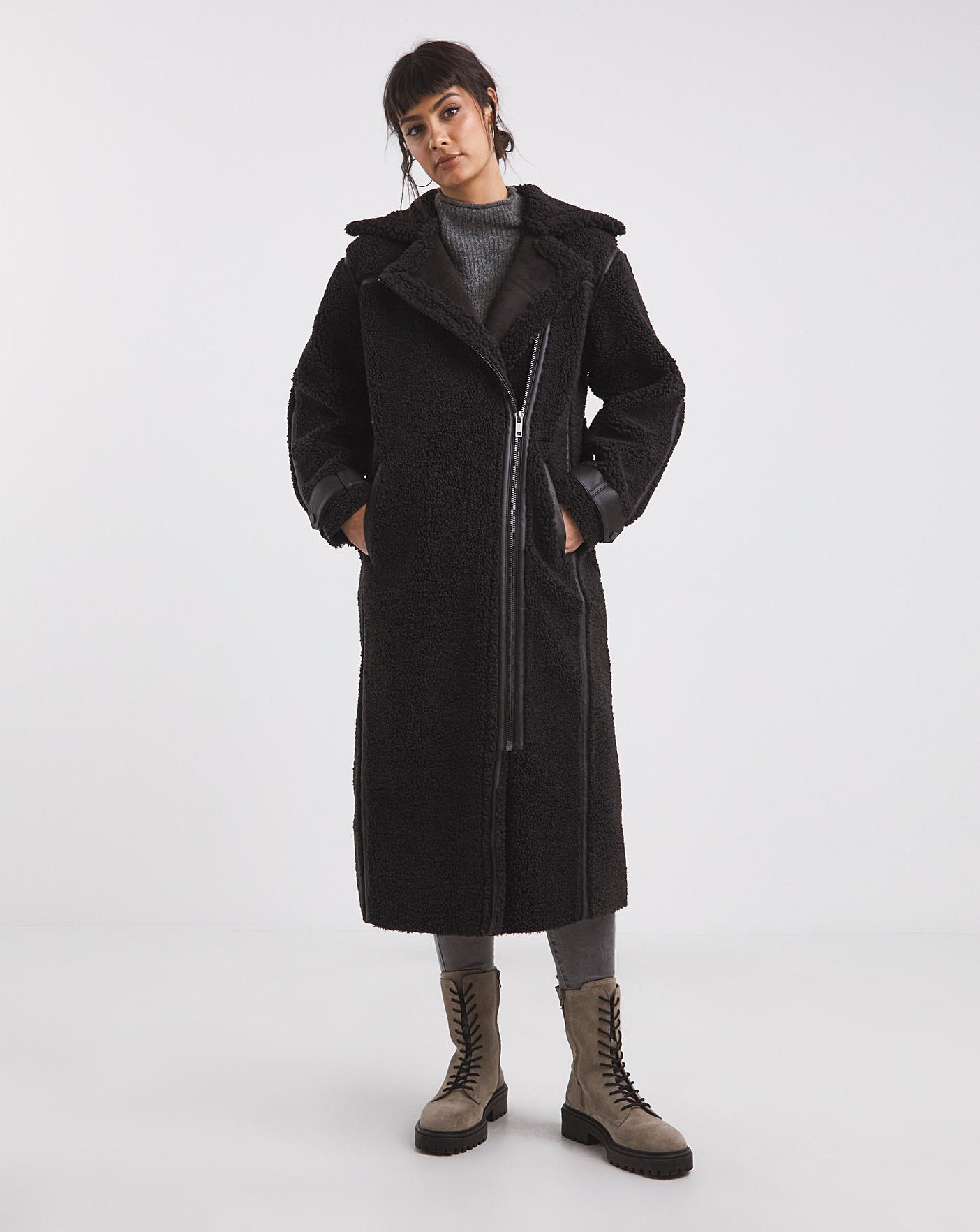 Black Longline PU Trim Teddy Coat | J D Williams