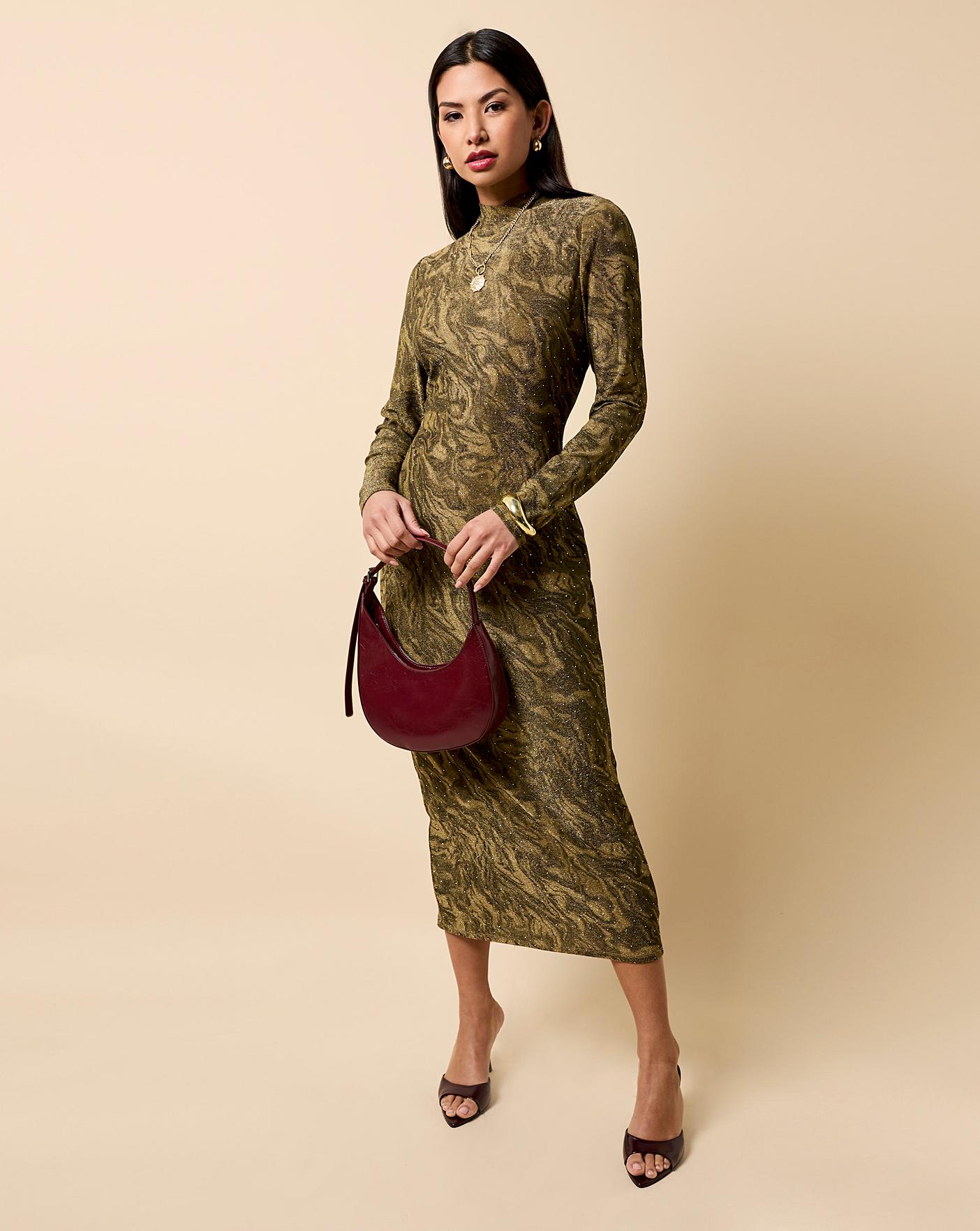 gold midaxi dress Gold Print Lurex Midaxi Dress