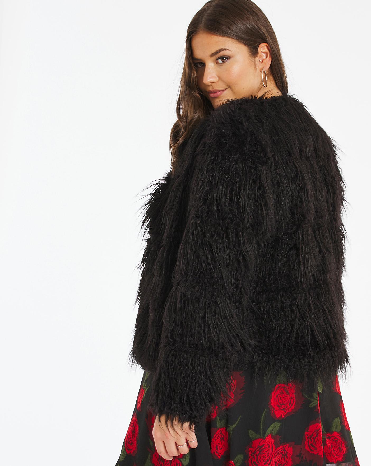 Black Shaggy Faux Fur Coat | Simply Be