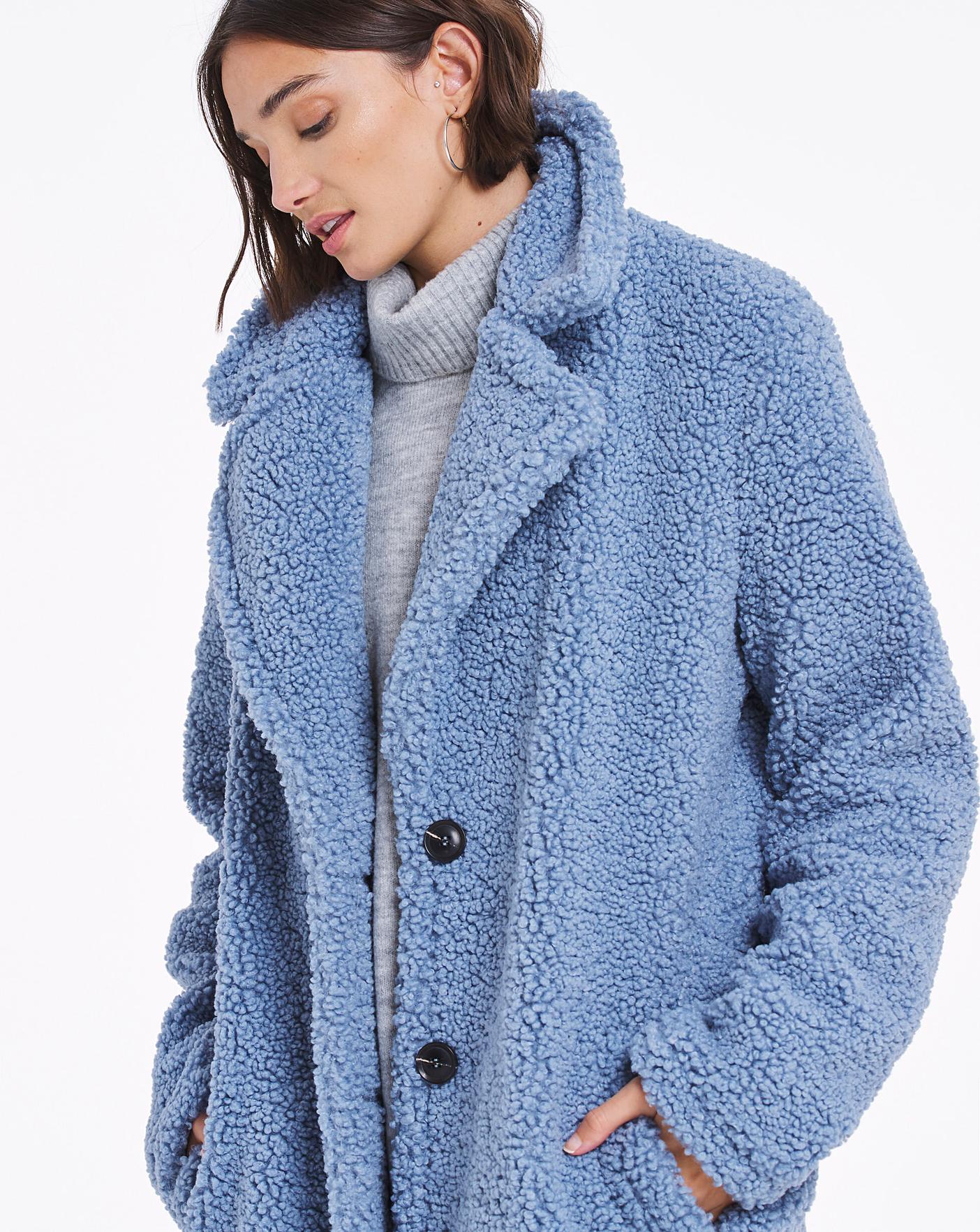 Dusky Blue Faux Fur Teddy Coat | Oxendales