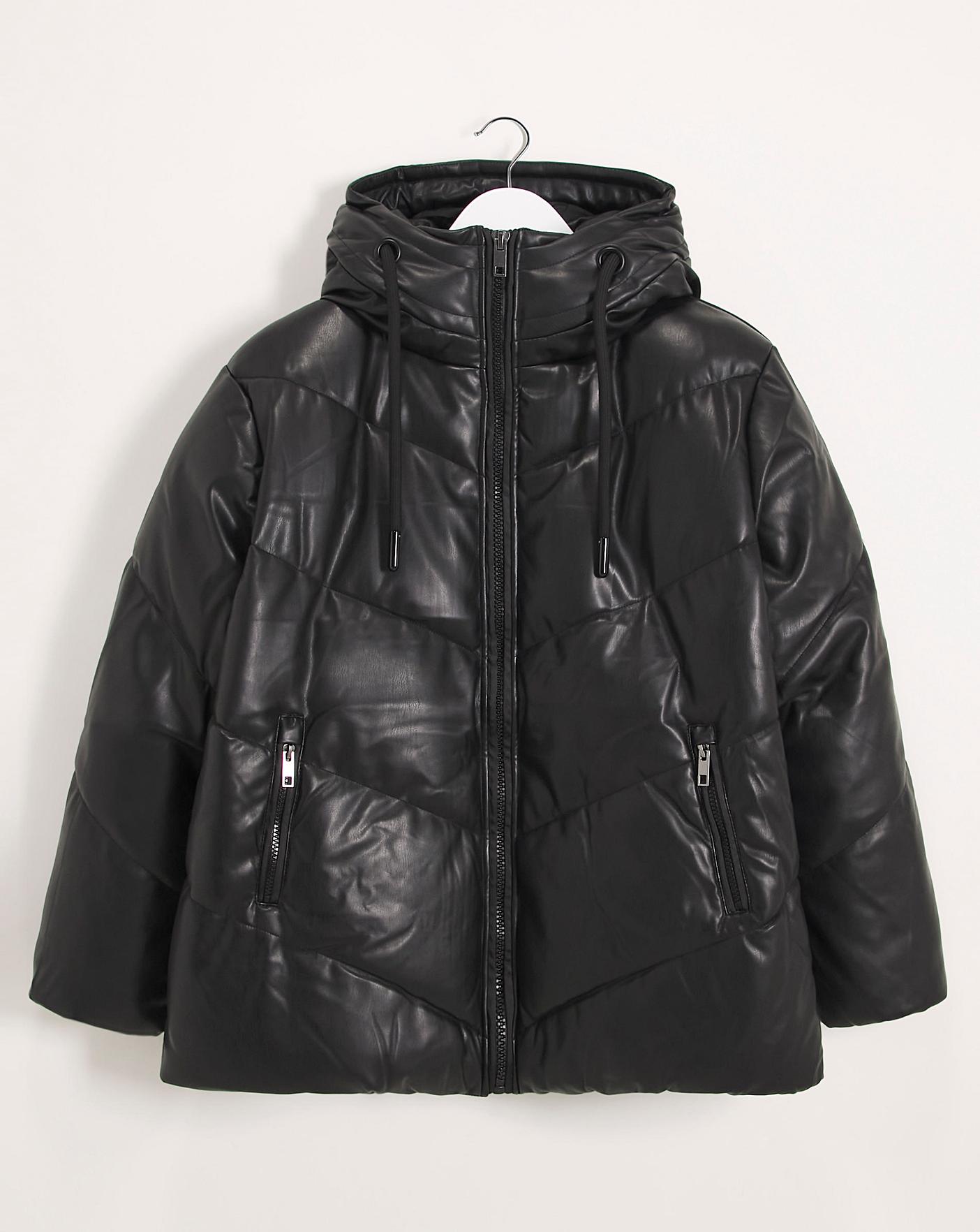 Black Leather Look Puffer Coat | J D Williams