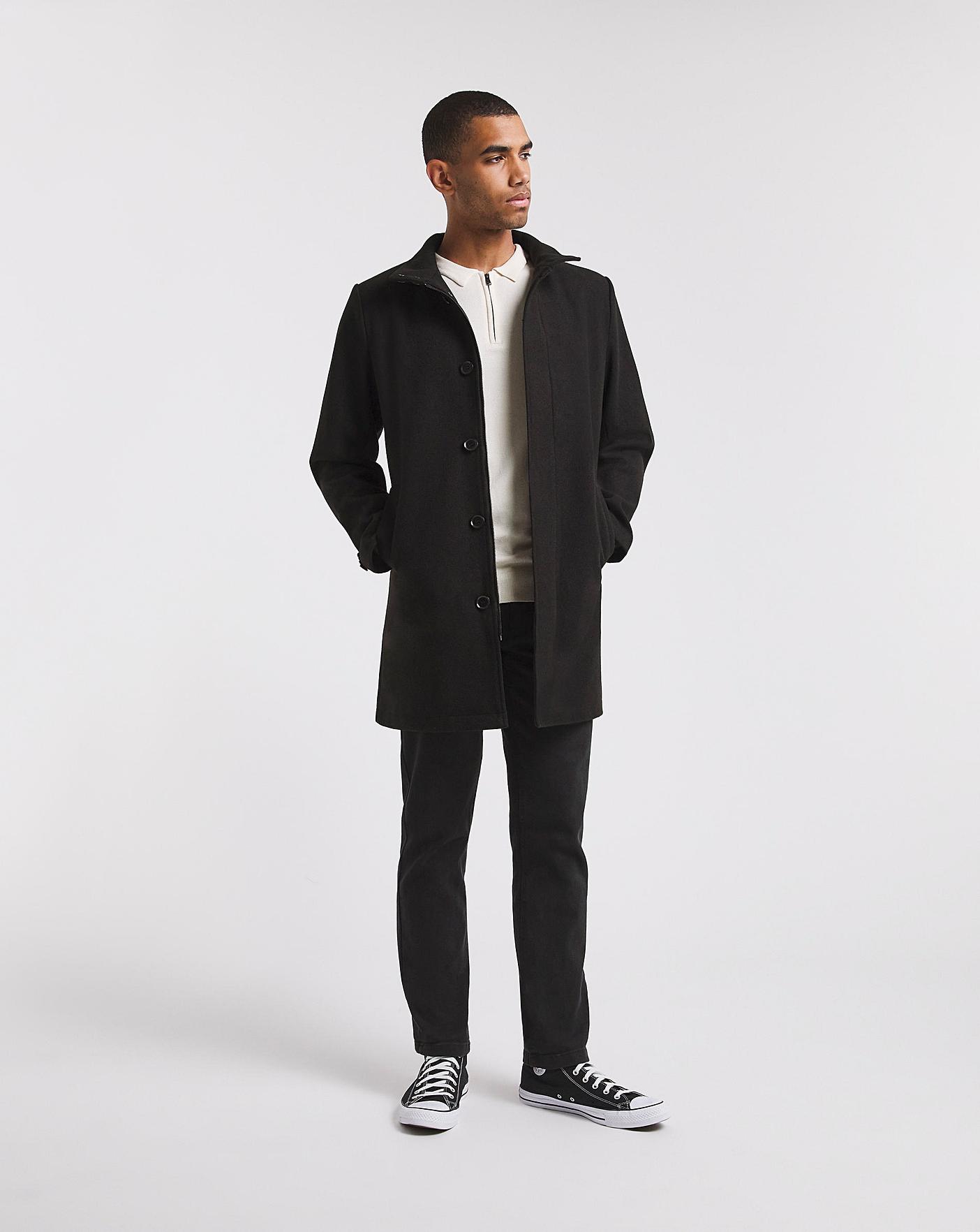 Black Faux Wool Funnel Neck Coat | Premier Man
