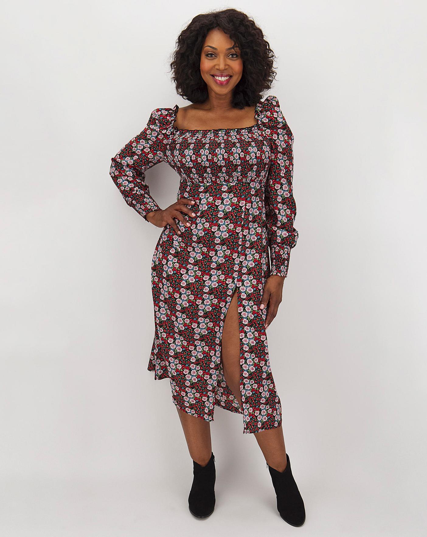 Square neck ruched midi dress sale