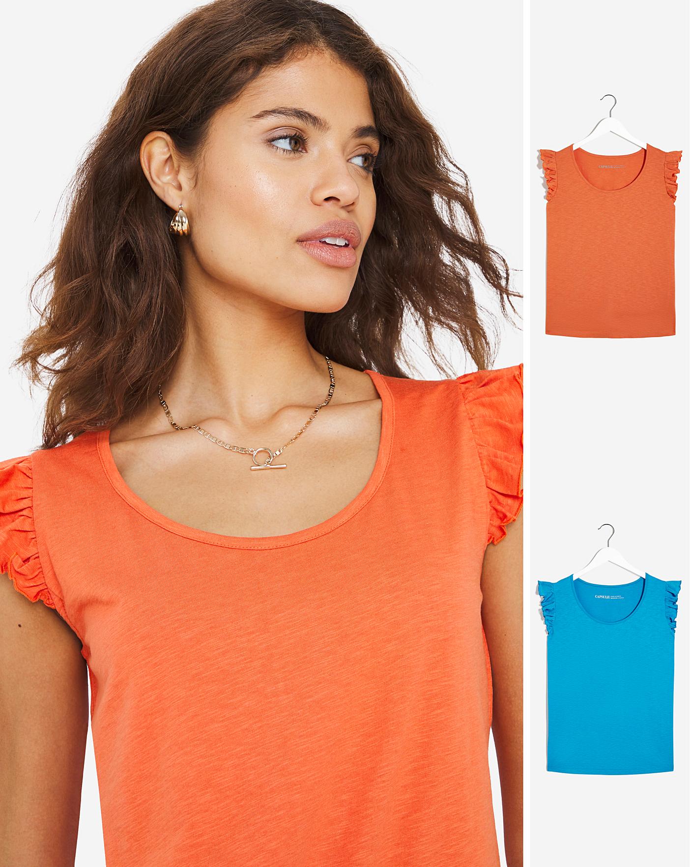Aqua/ Orange 2 Pack Ruffle Sleeve Tops J D Williams