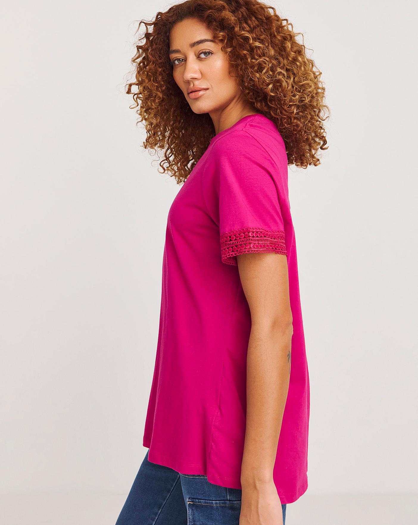 Pink Lace Trim Short Sleeve Longline Top | Oxendales