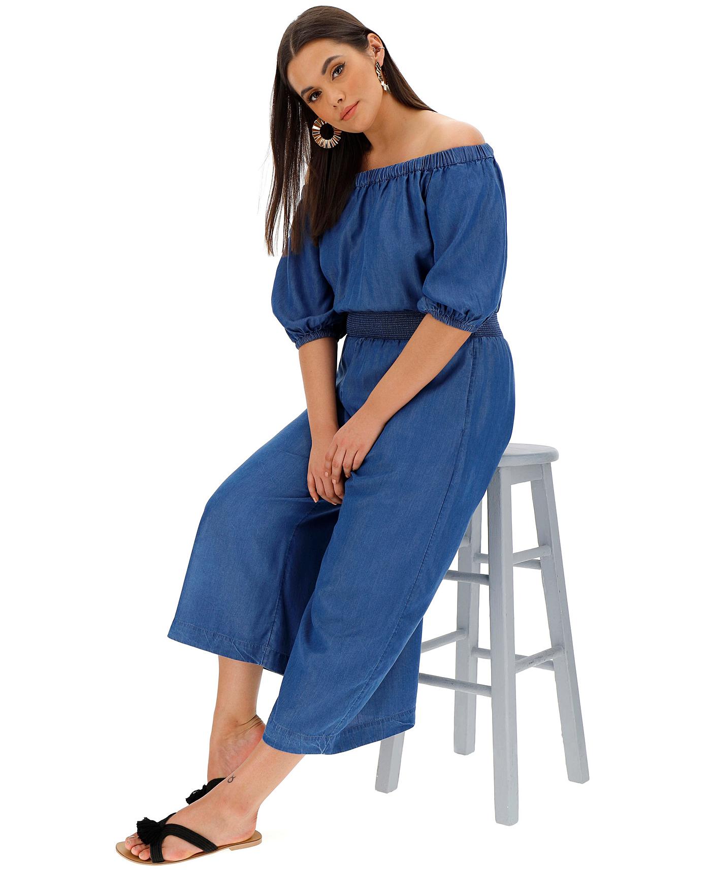 denim bardot jumpsuit