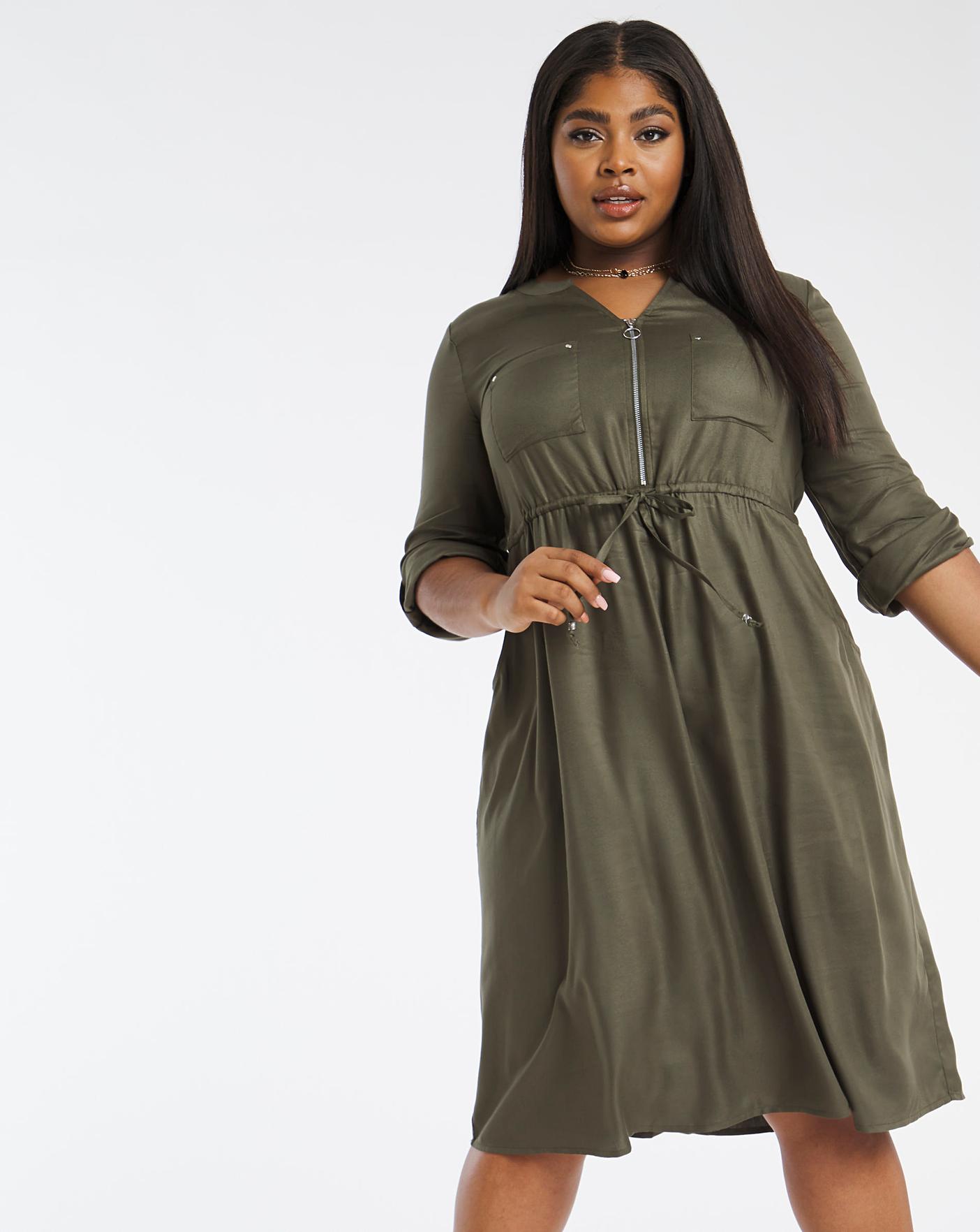 Khaki Zip Front Utility Dress | Simply Be