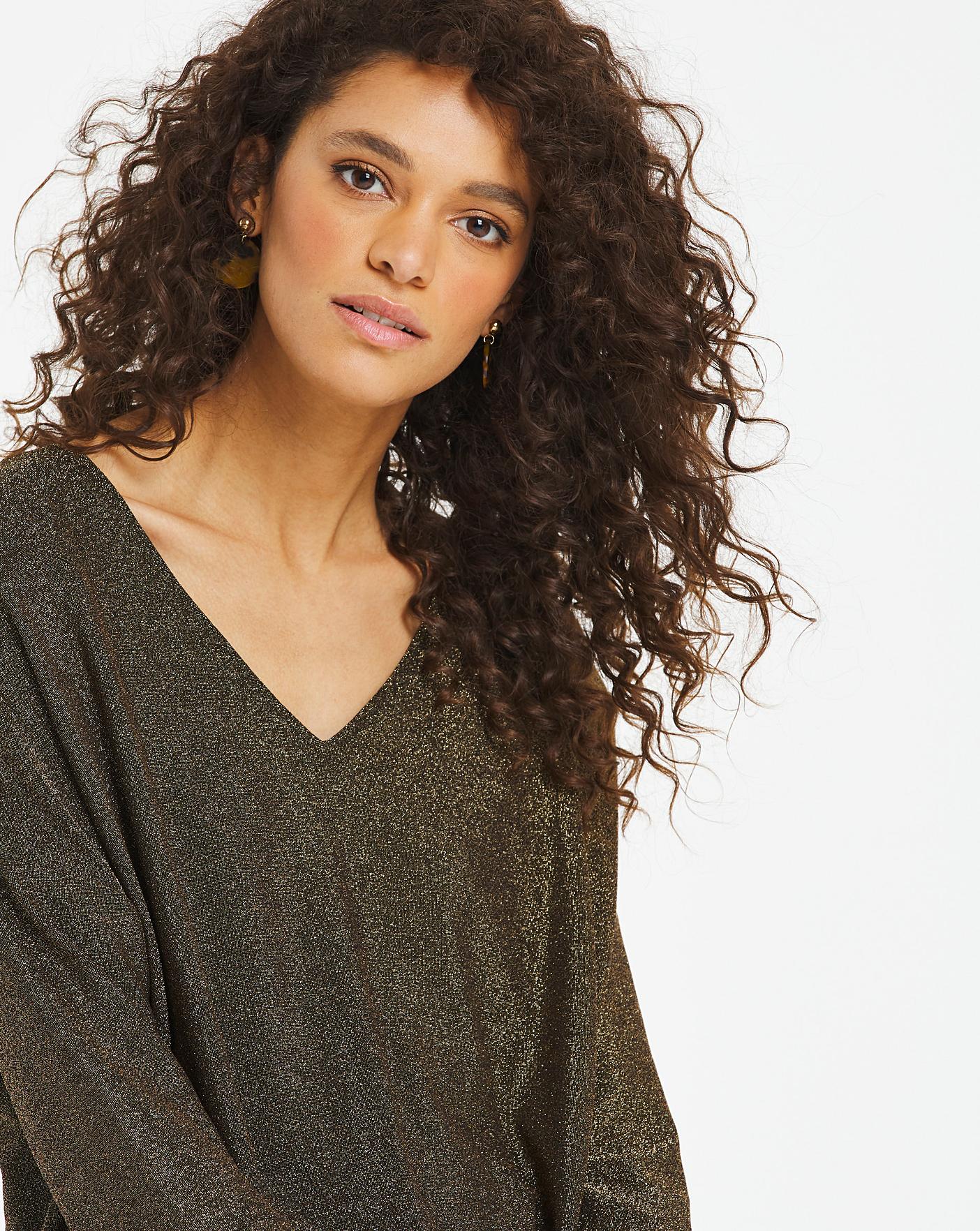 Gold Glitter Knit V-Neck T-Shirt Dress 