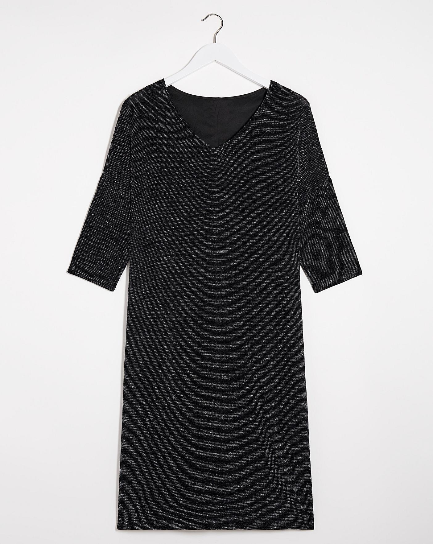 Black Glitter Knit Loose V-Neck Dress | J D Williams