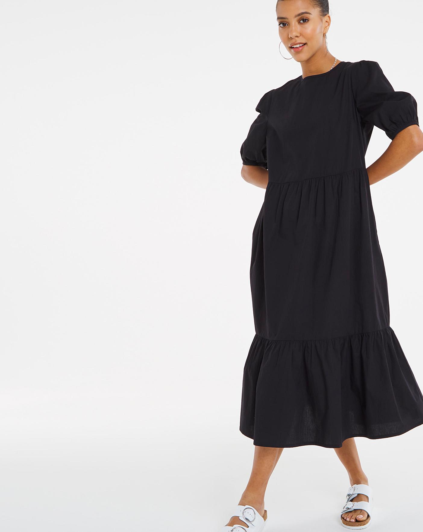 Black Cotton Poplin Tiered Dress | Fashion World