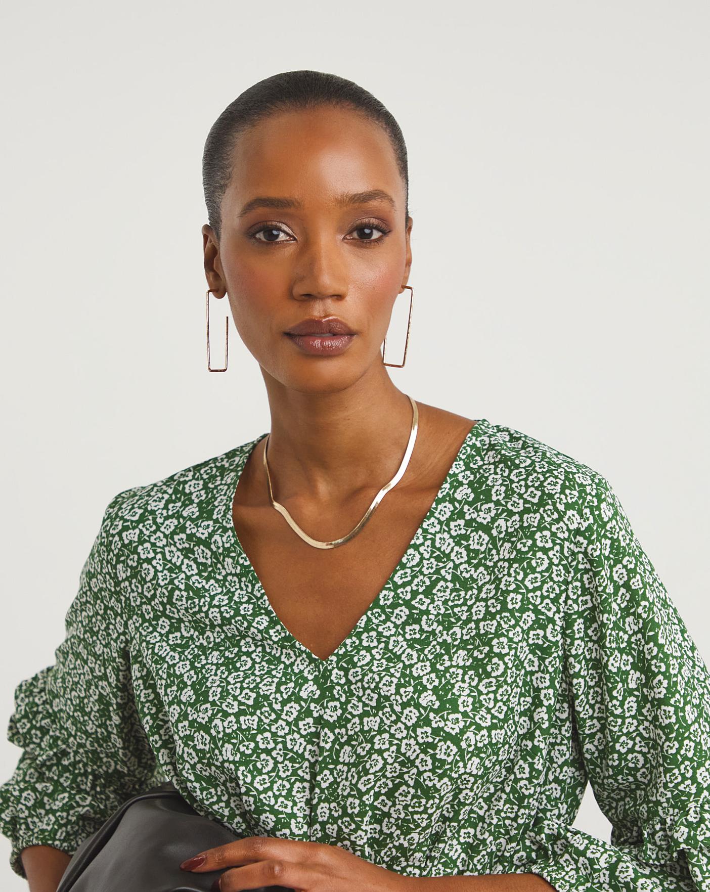Green Floral V Neck Shirred Waist Top | J D Williams