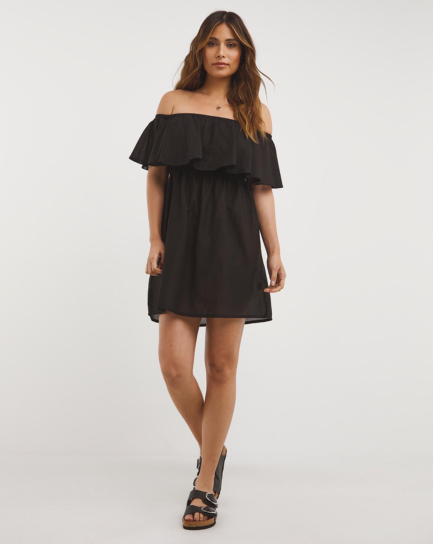 Value Black Cotton Bardot Beach Dress | J D Williams