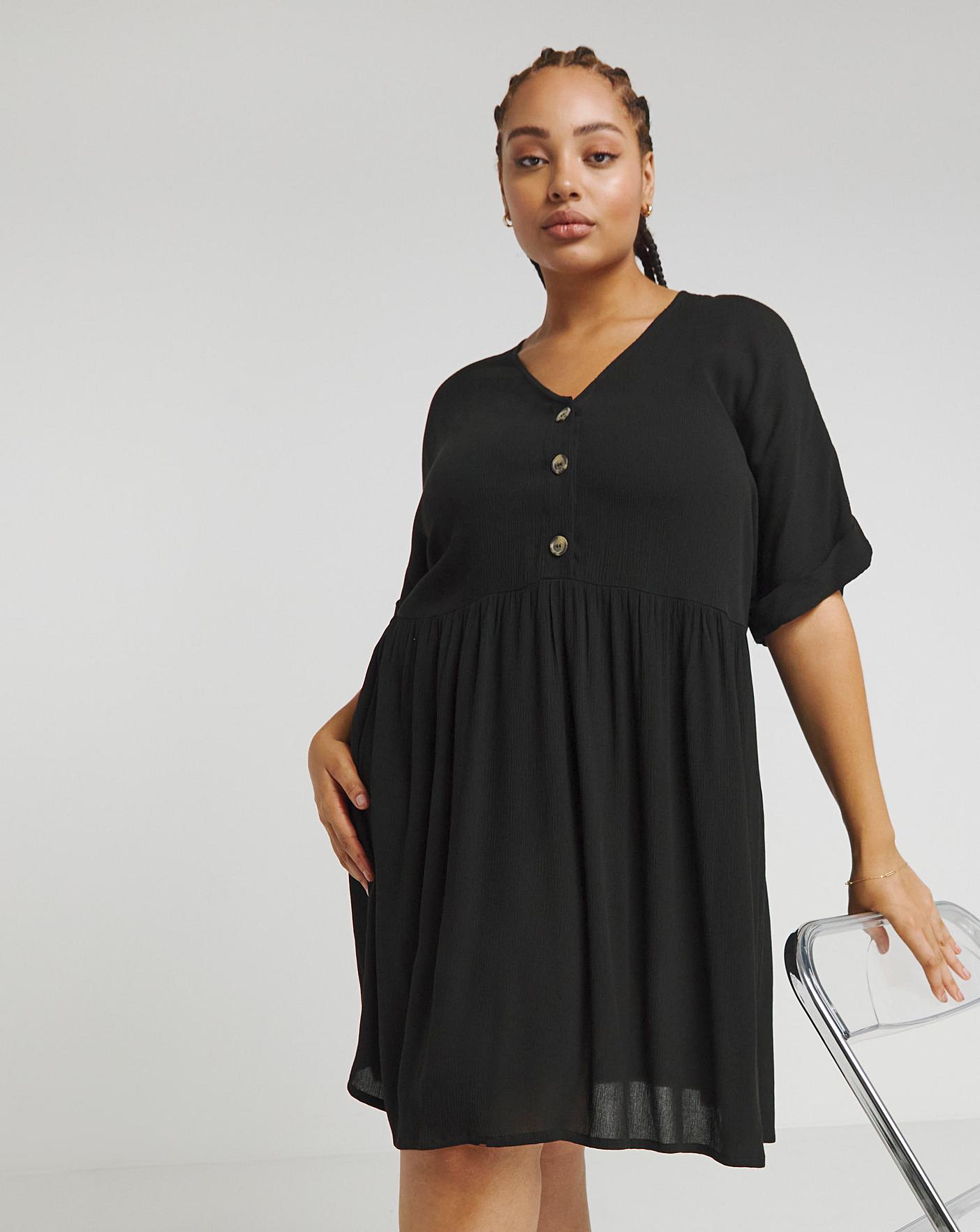 Black Crinkle Button Through Smock Dress | Fashion World