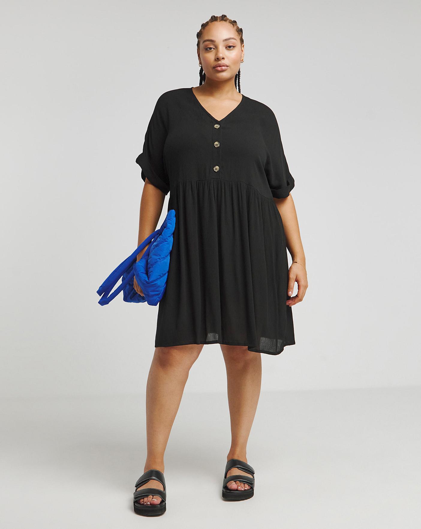 Black Crinkle Button Through Smock Dress | Fashion World