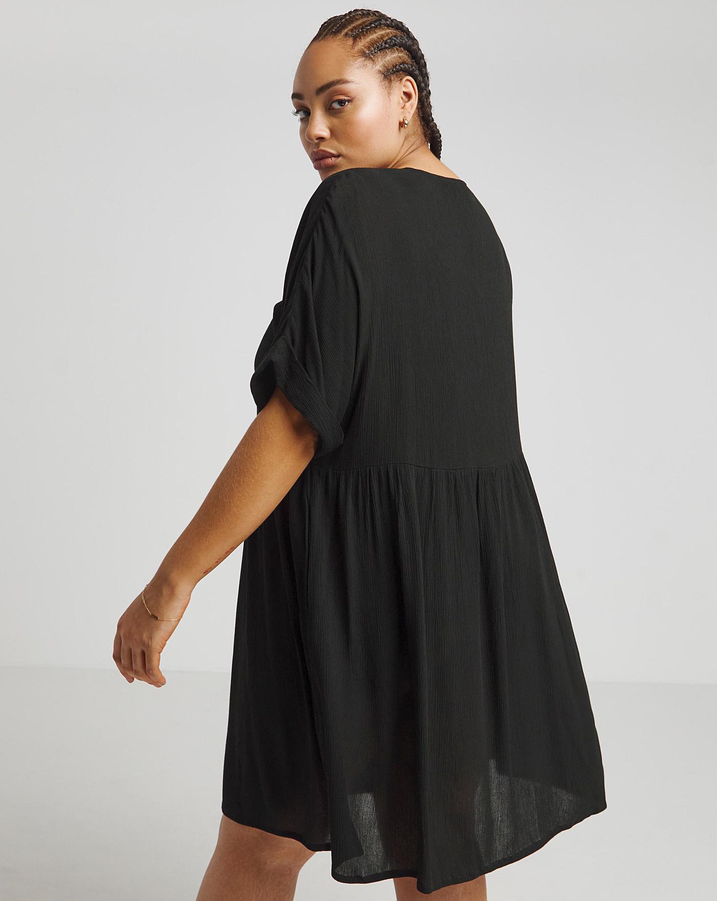 Black Crinkle Button Through Smock Dress | Fashion World