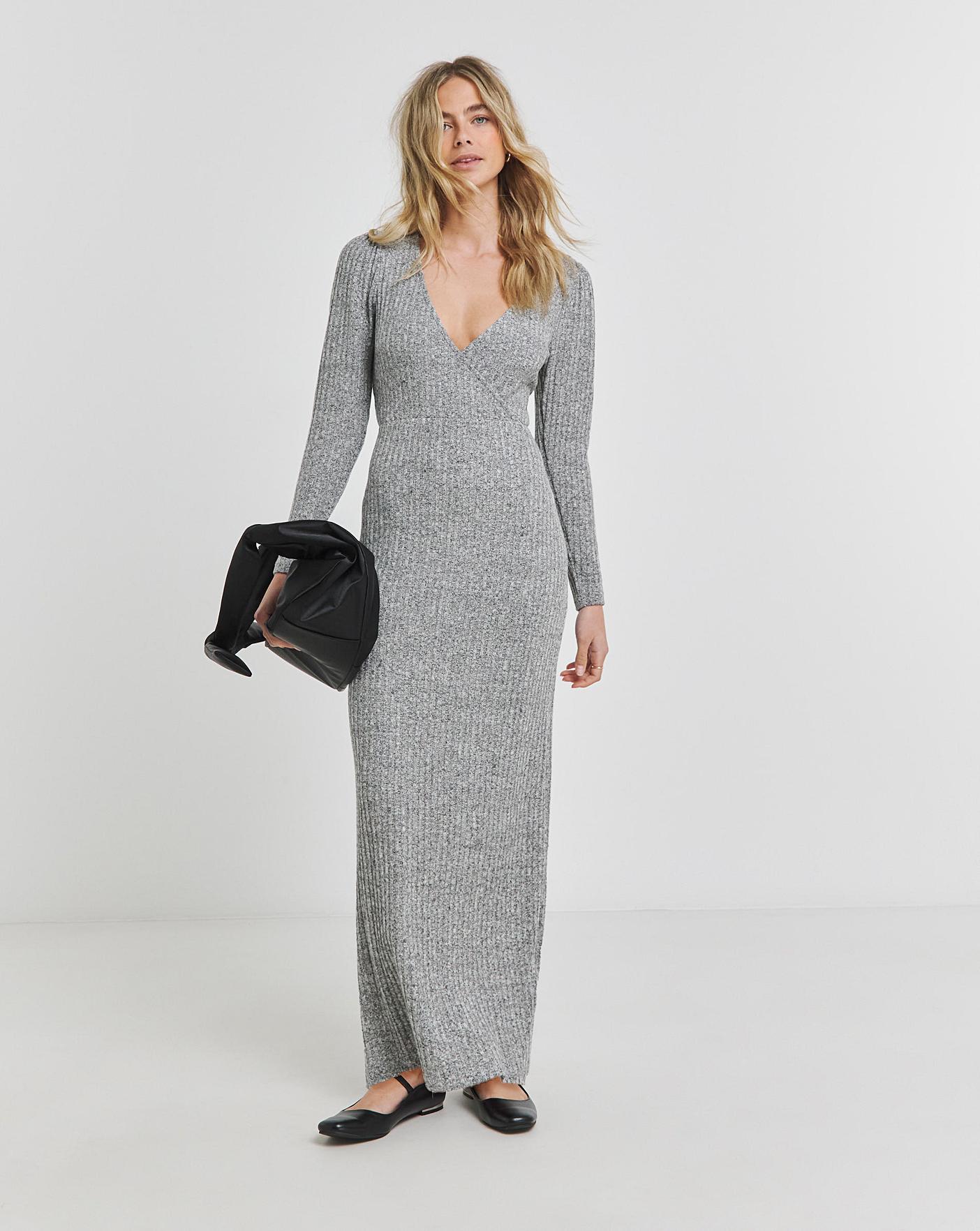 Grey Cosy Rib Wrap Front Midaxi Dress Simply Be