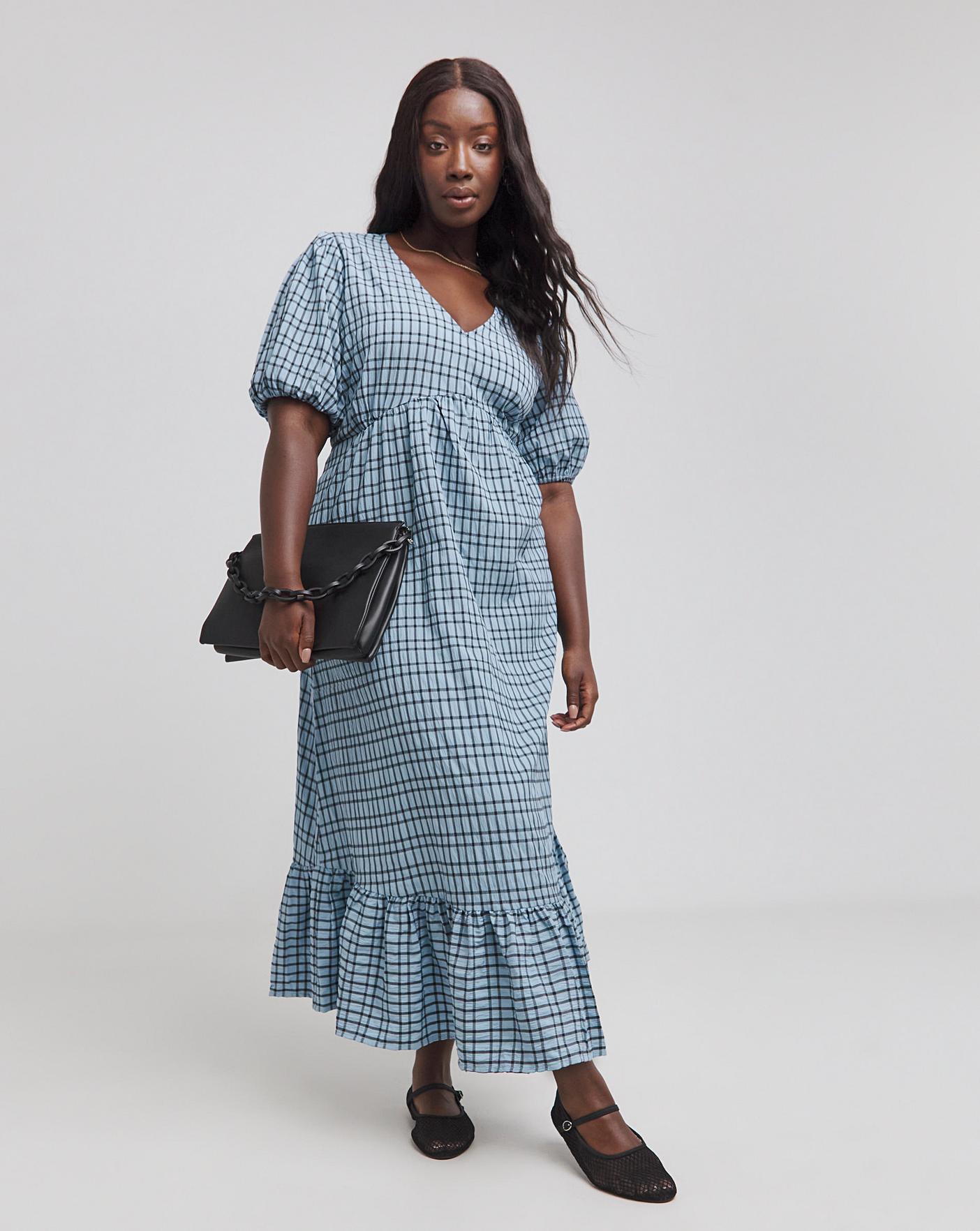 Blue Check Textured Midi Dress Fashion World