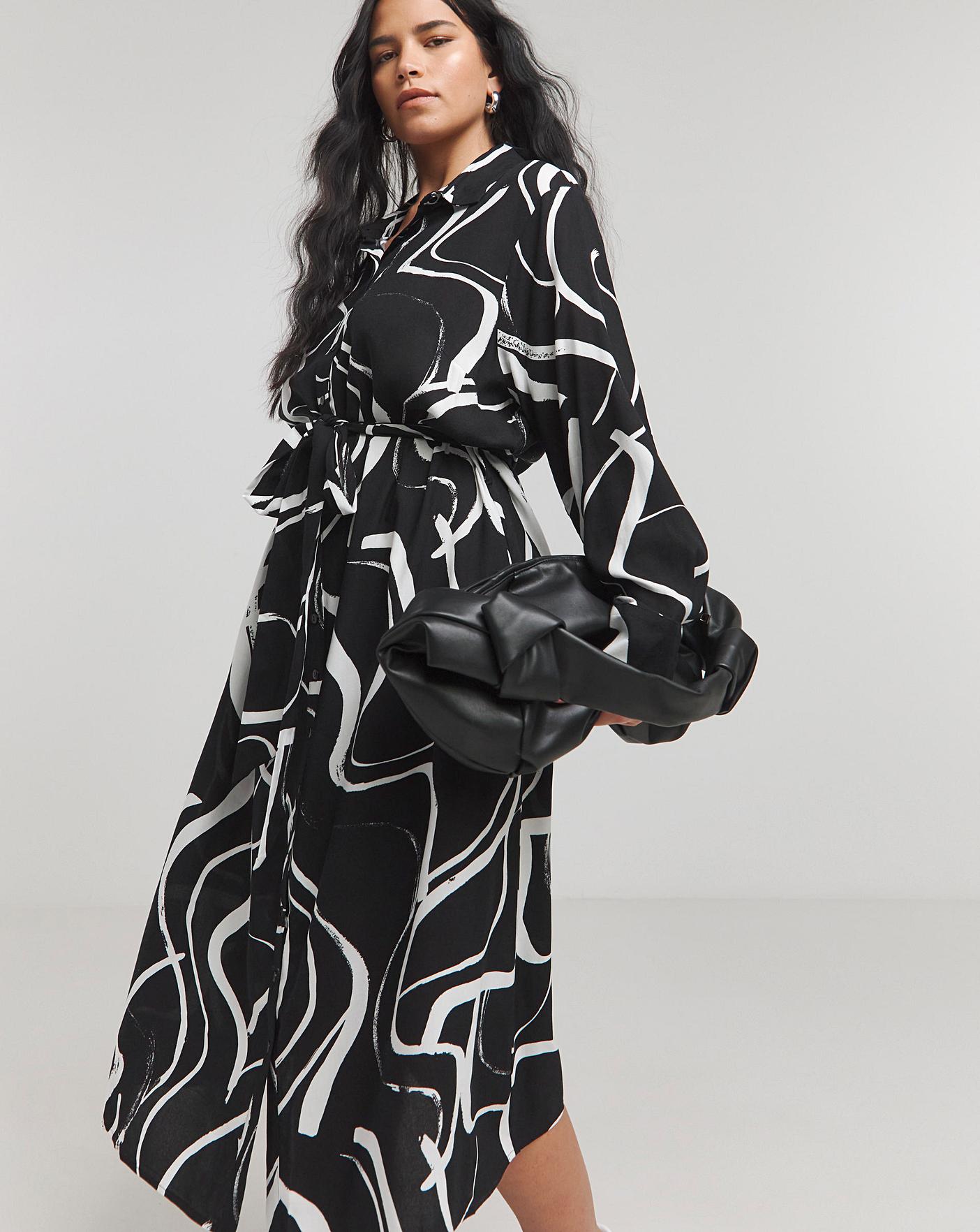 Black Print Long Sleeve Shirt Dress