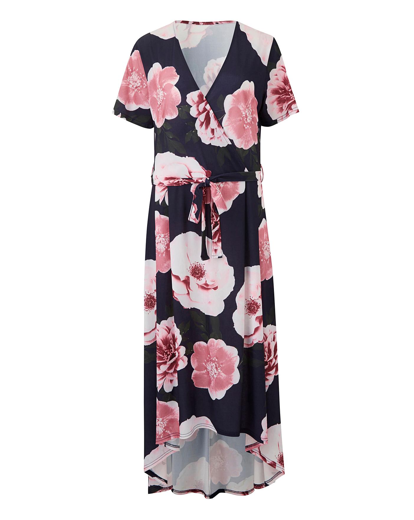 Navy Floral Dipped Back Wrap Dress Fashion World