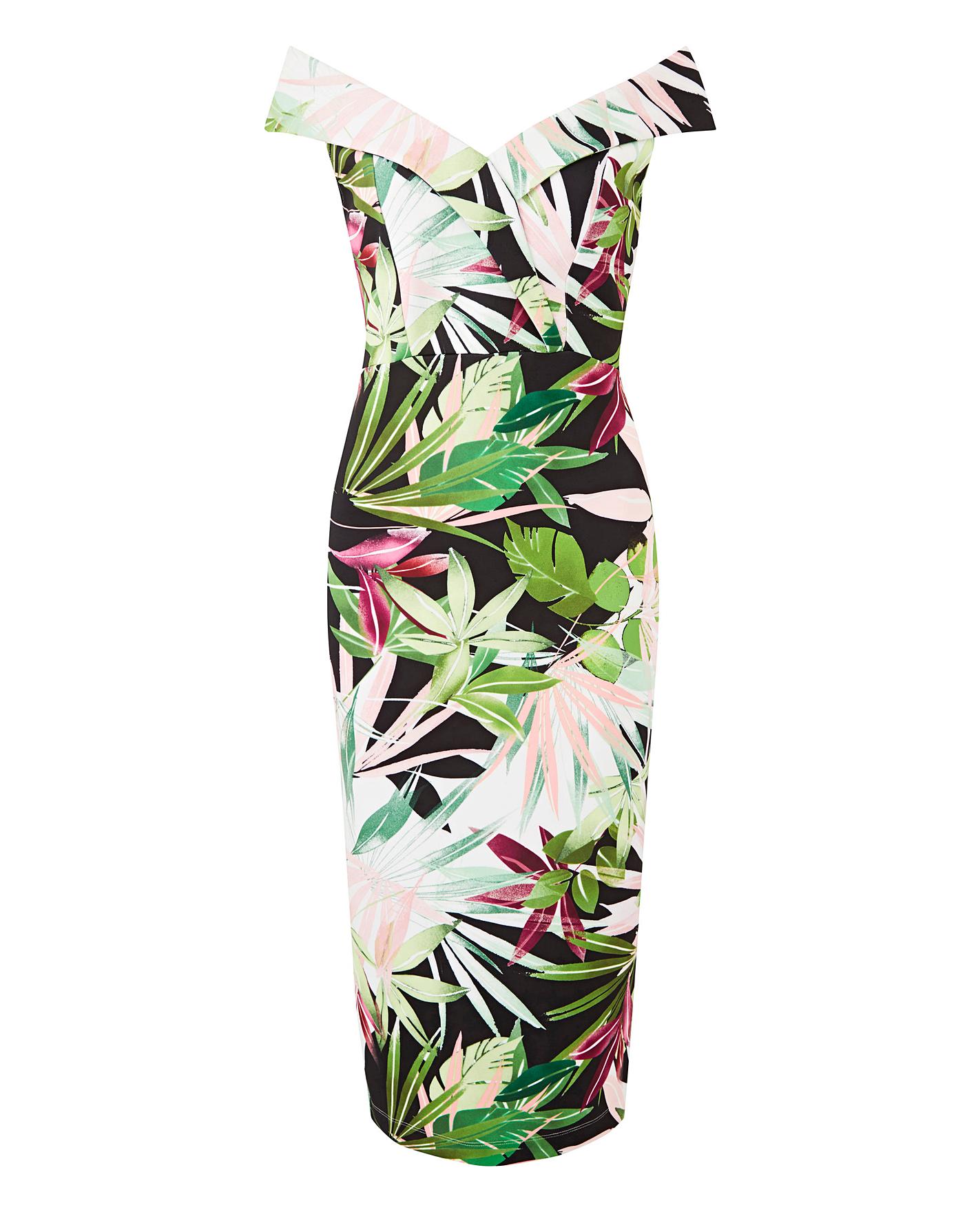 Tropical Print Bardot Scuba Dress | J D Williams