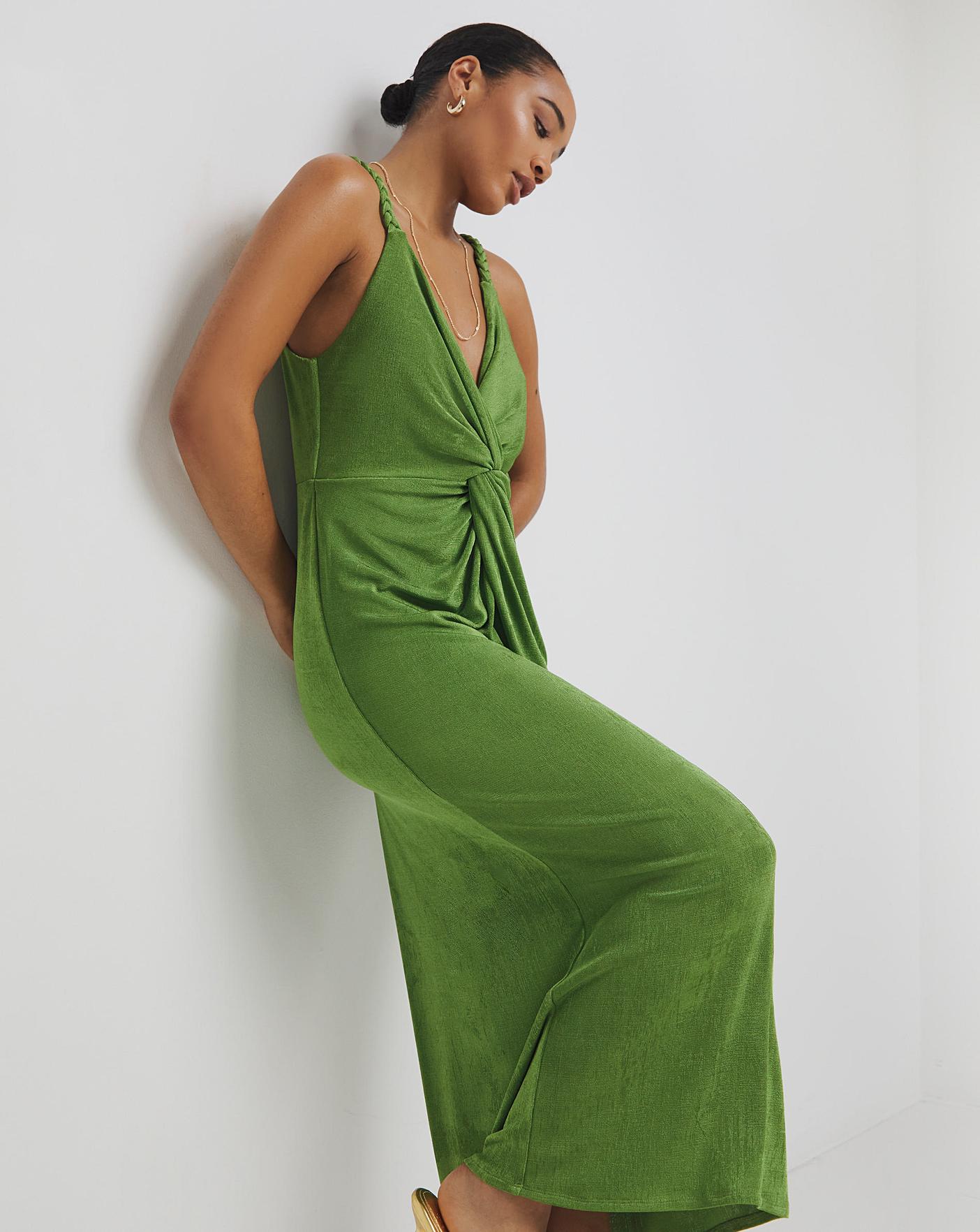 Green Slinky Knot Detail Midaxi Dress Fashion World