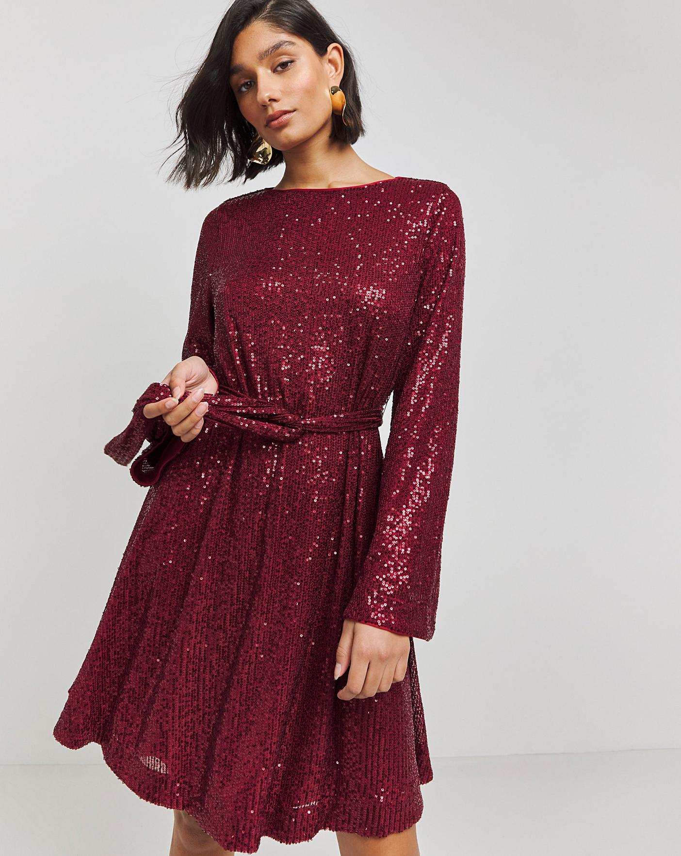 Wine Sequin Skater Dress Fashion World