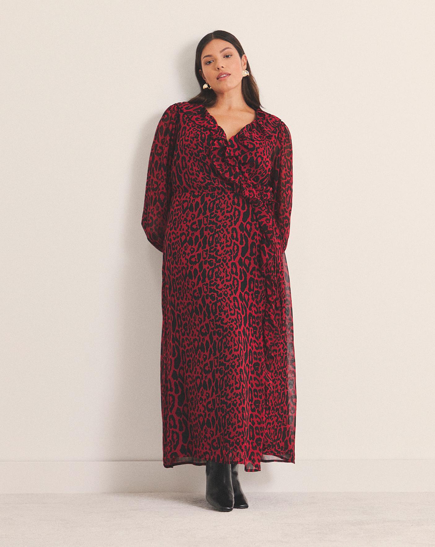 Red Leopard Georgette Wrap Dress | Oxendales