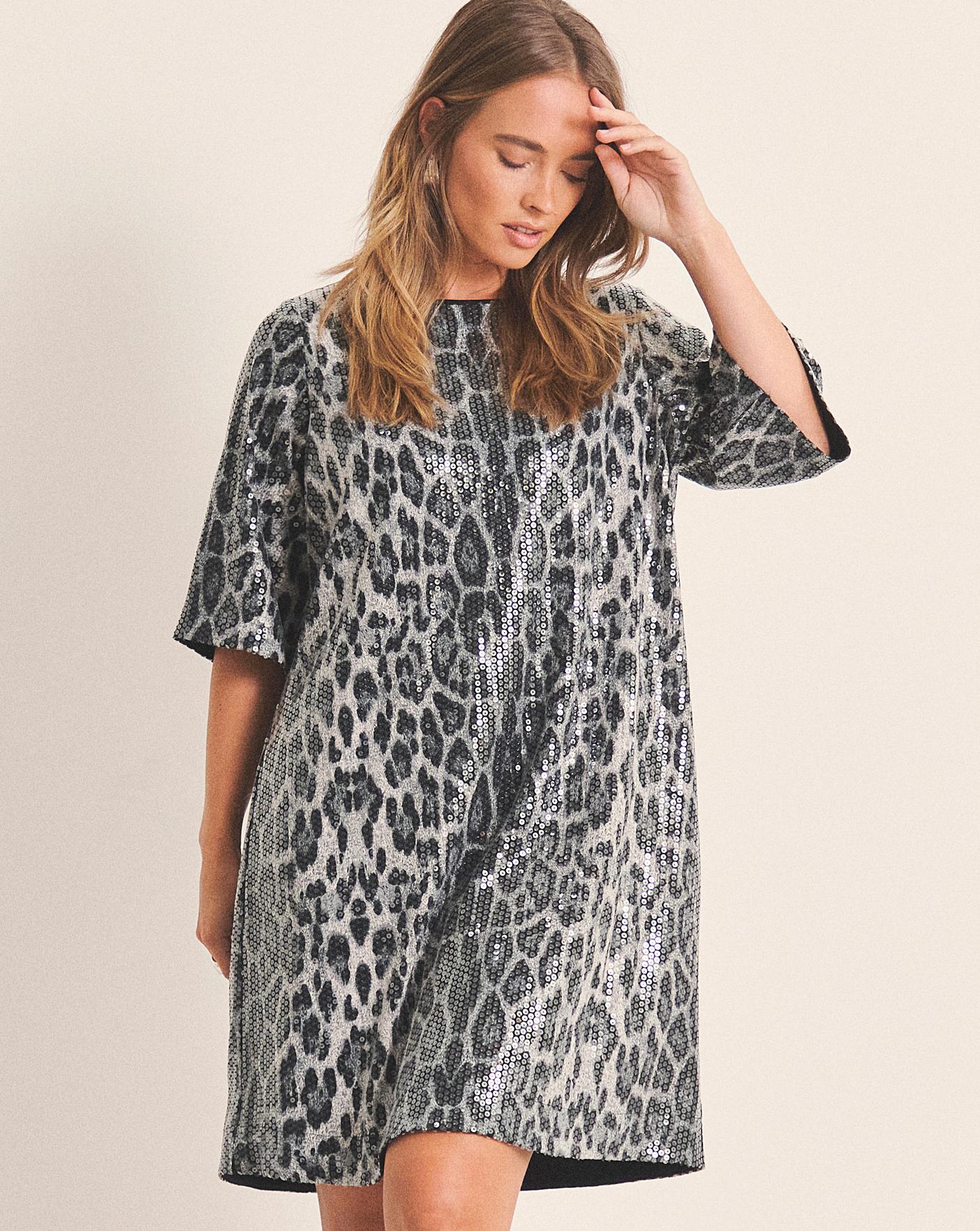 Grey Leopard Sequin T-Shirt Dress | Oxendales