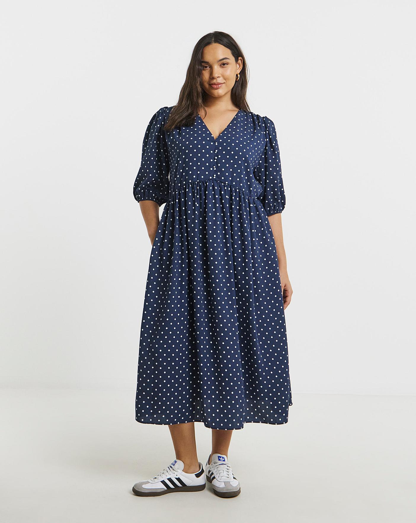 knee length dresses for ladies Erica Square Neck Pleated Midi Dress Navy Spot  Girl In Mind