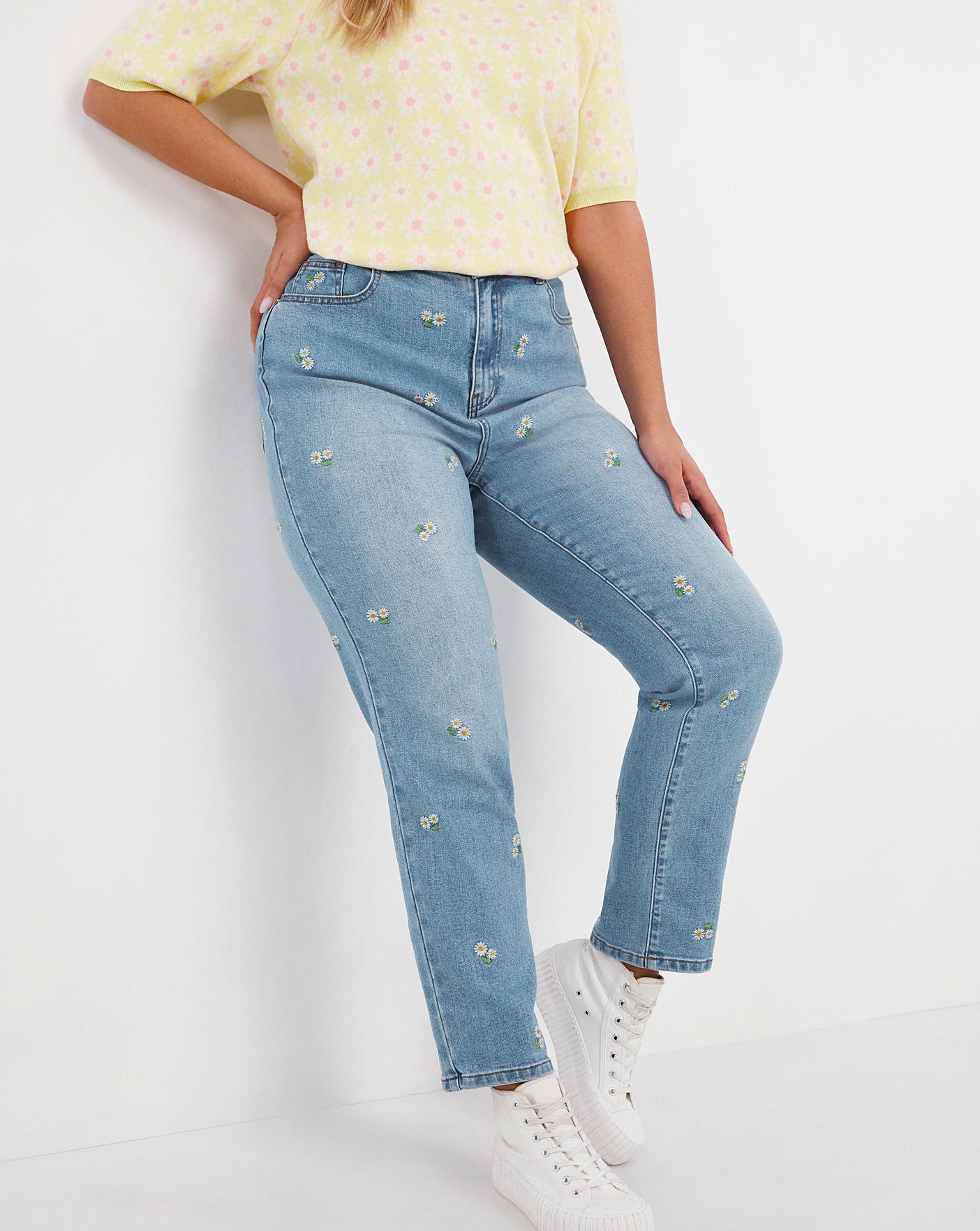 Daisy Embroidered Demi Mom Jeans | Simply Be