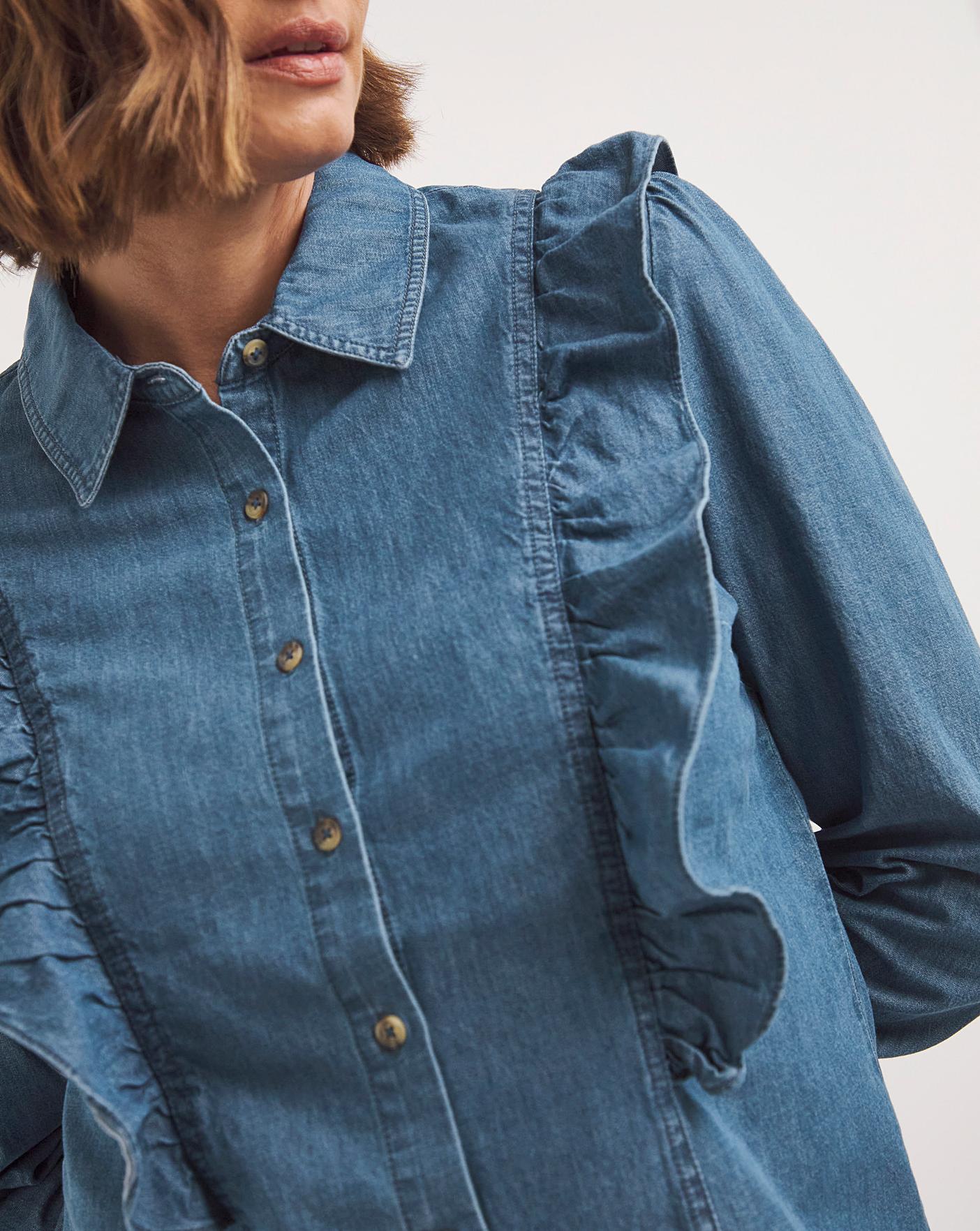 Vintage Blue Frill Detail Denim Shirt | J D Williams