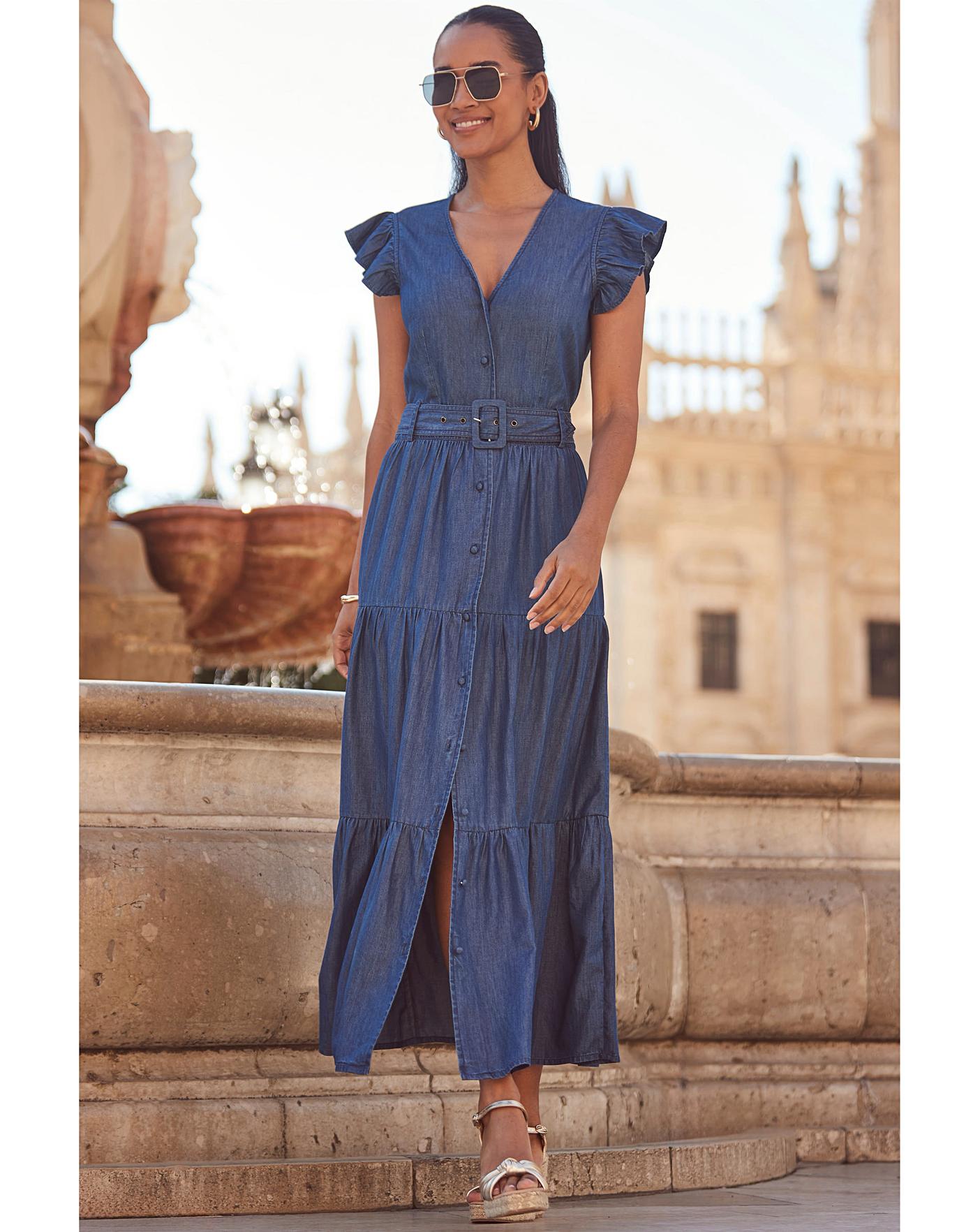 Sosandar Tiered Belted Denim Dress | Crazy Clearance
