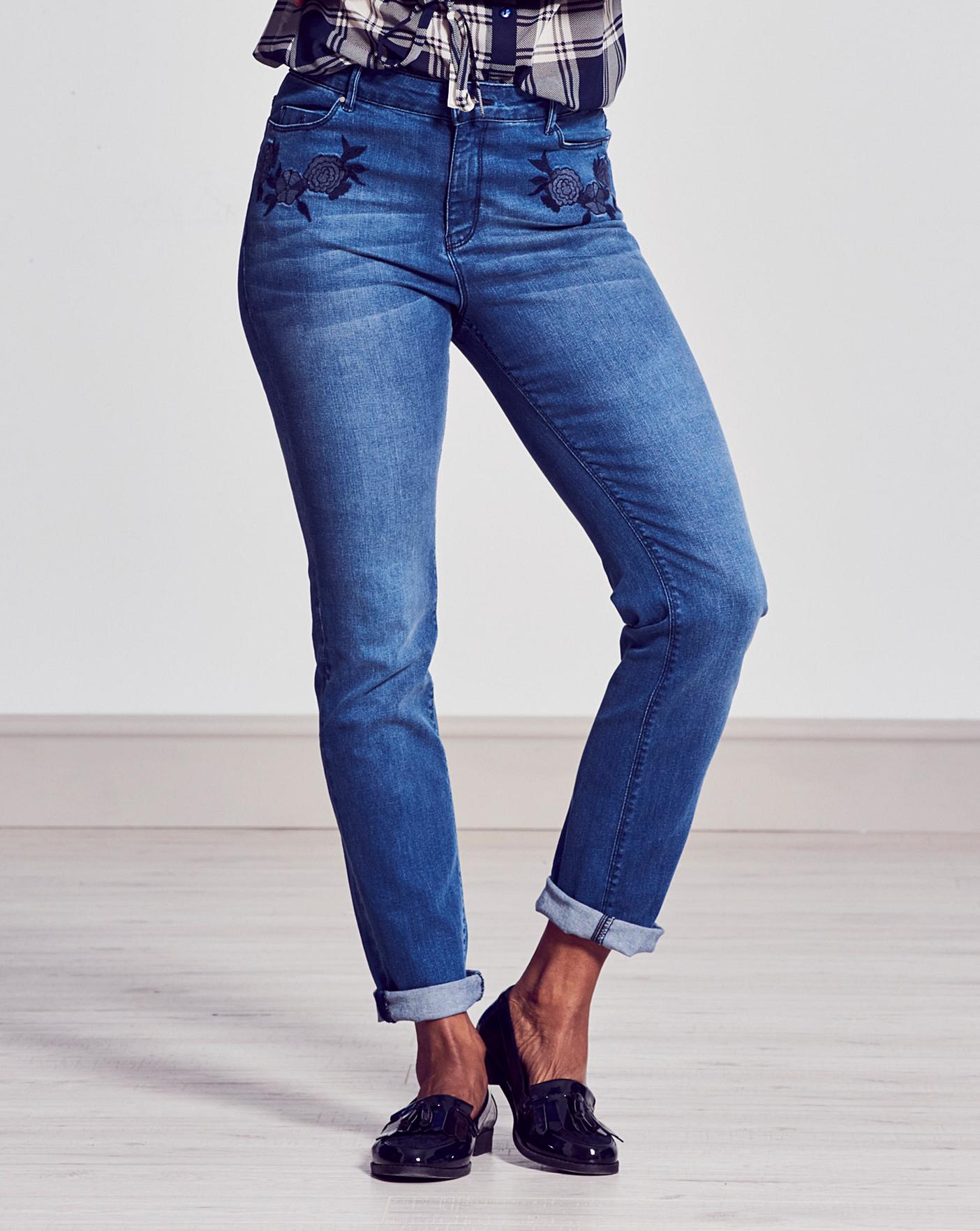 embroidered straight leg jeans