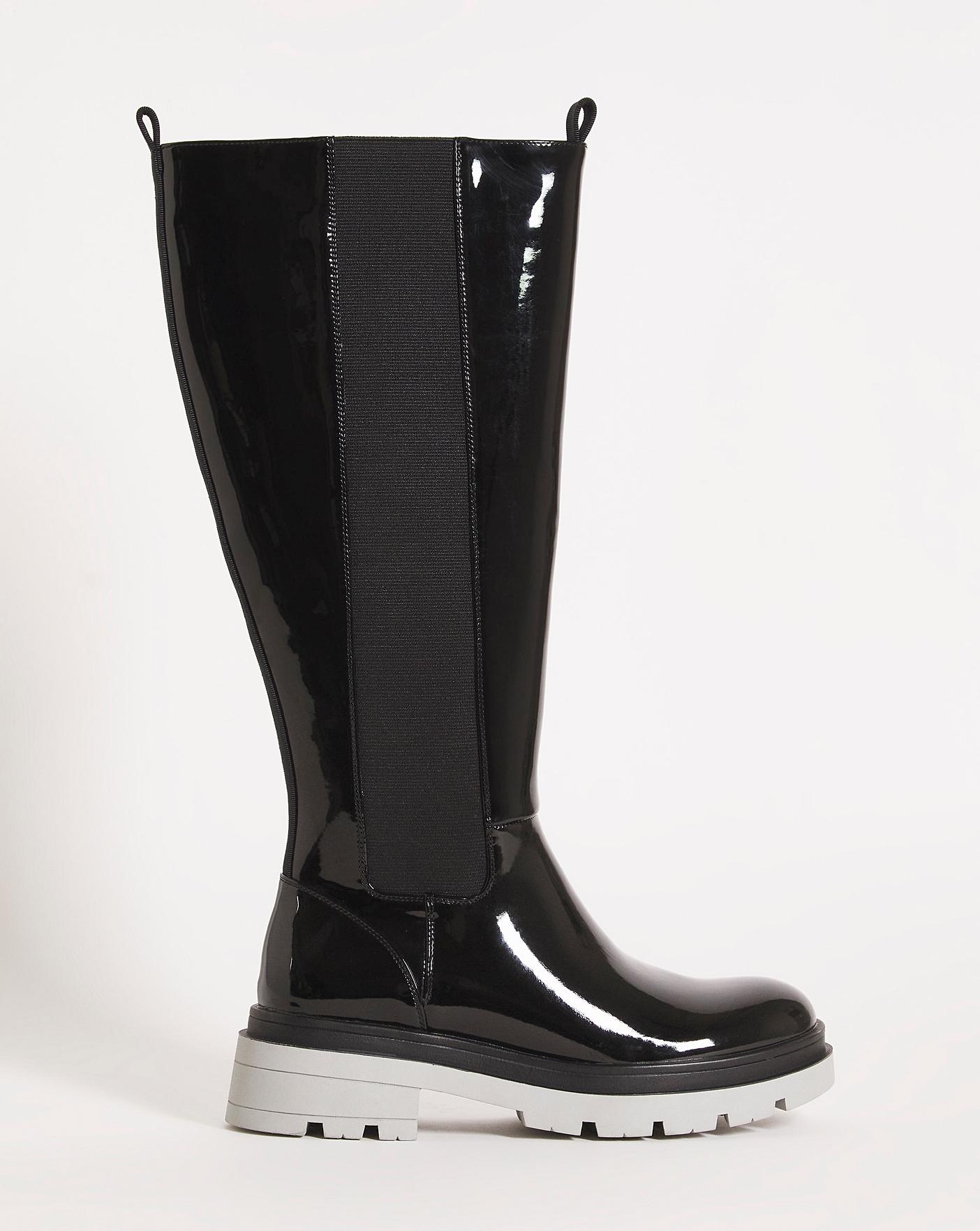 Black patent knee outlet high boots wide fit