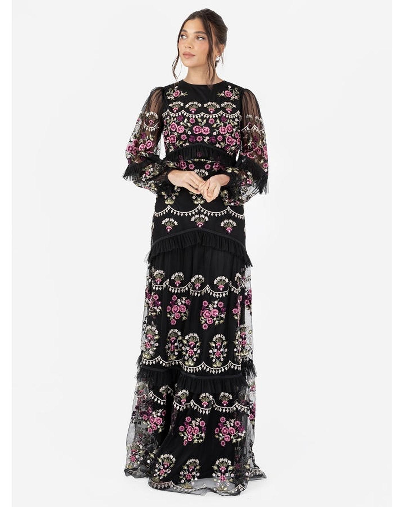 long black dress with embroidered flowers Strapless Floral Long Black Prom Dress main image 1