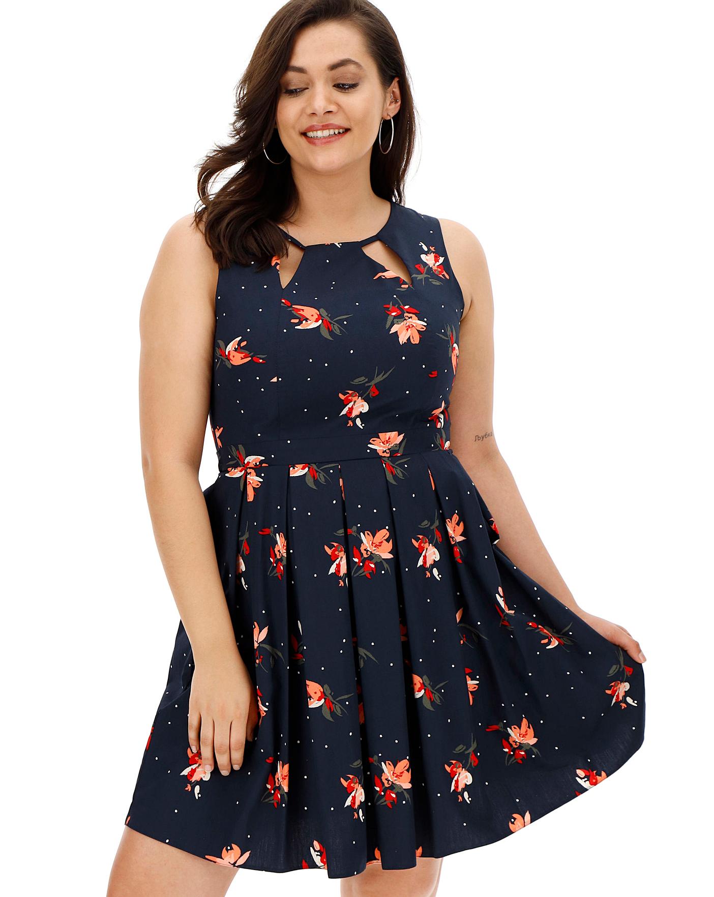 Apricot Floral Pleated Skater Dress 