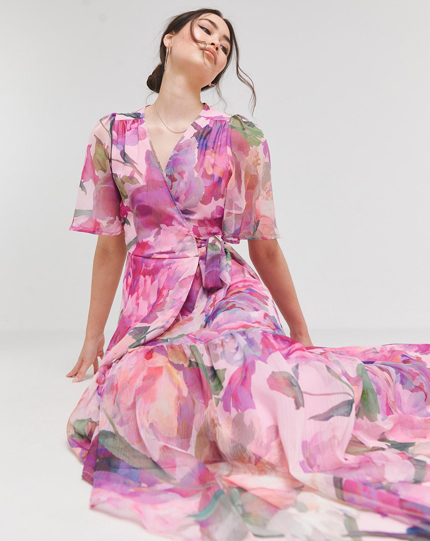 Pink floral wrap dress best sale