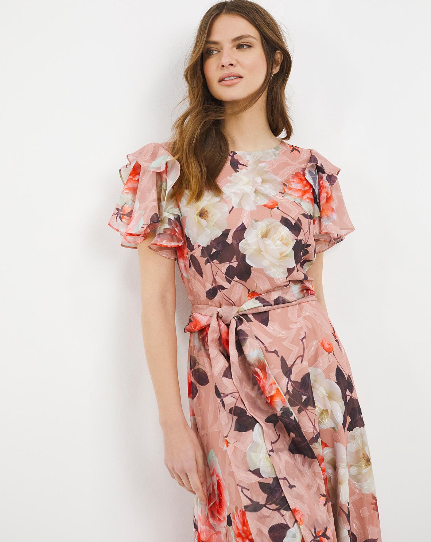 Ruffle sleeve floral faux wrap dress eliza clearance j