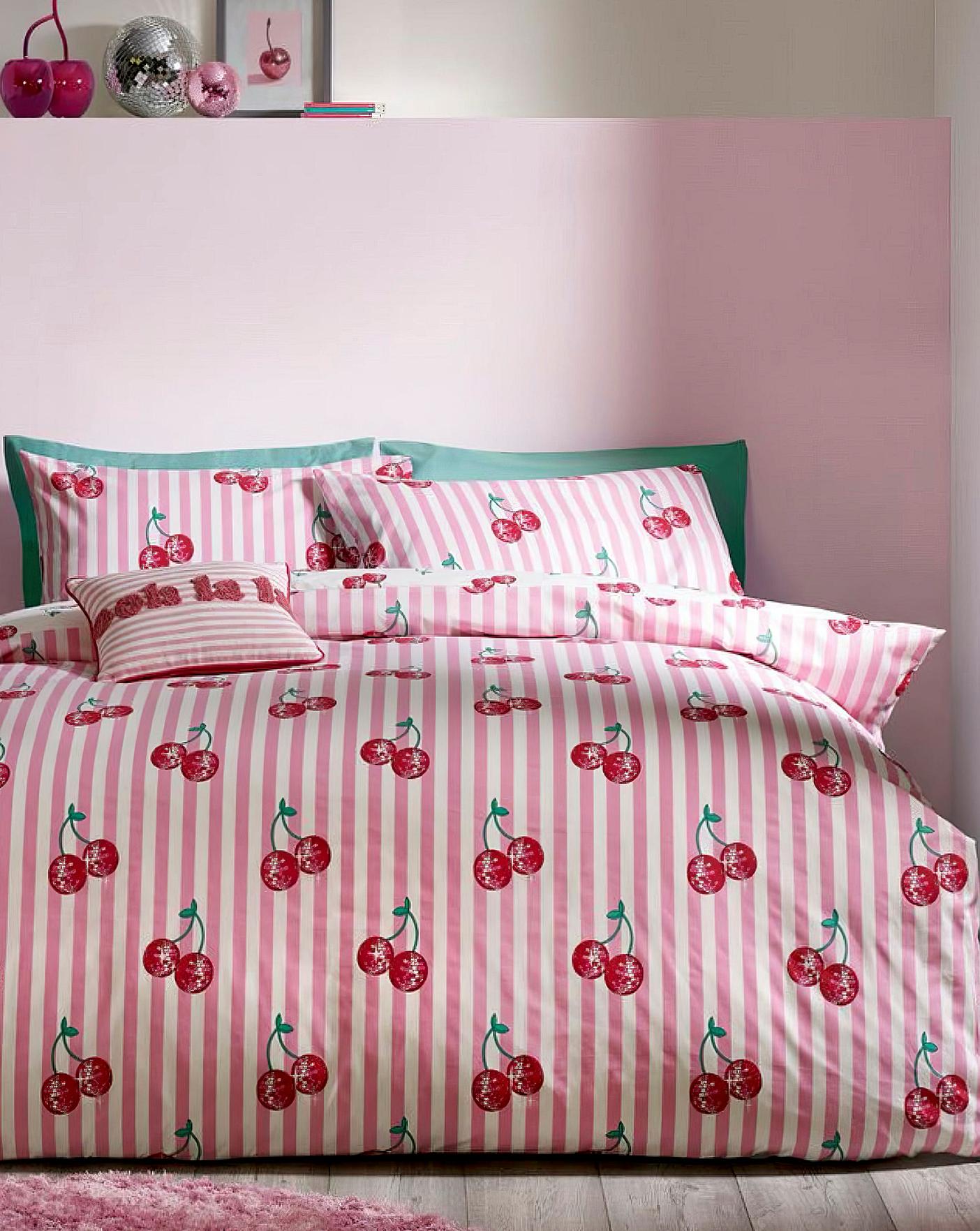 Catherine Lansfield Bettwäsche-Set Mit Kirschen & Schleifen – Wendbar, Rosa, Für Einzelbett