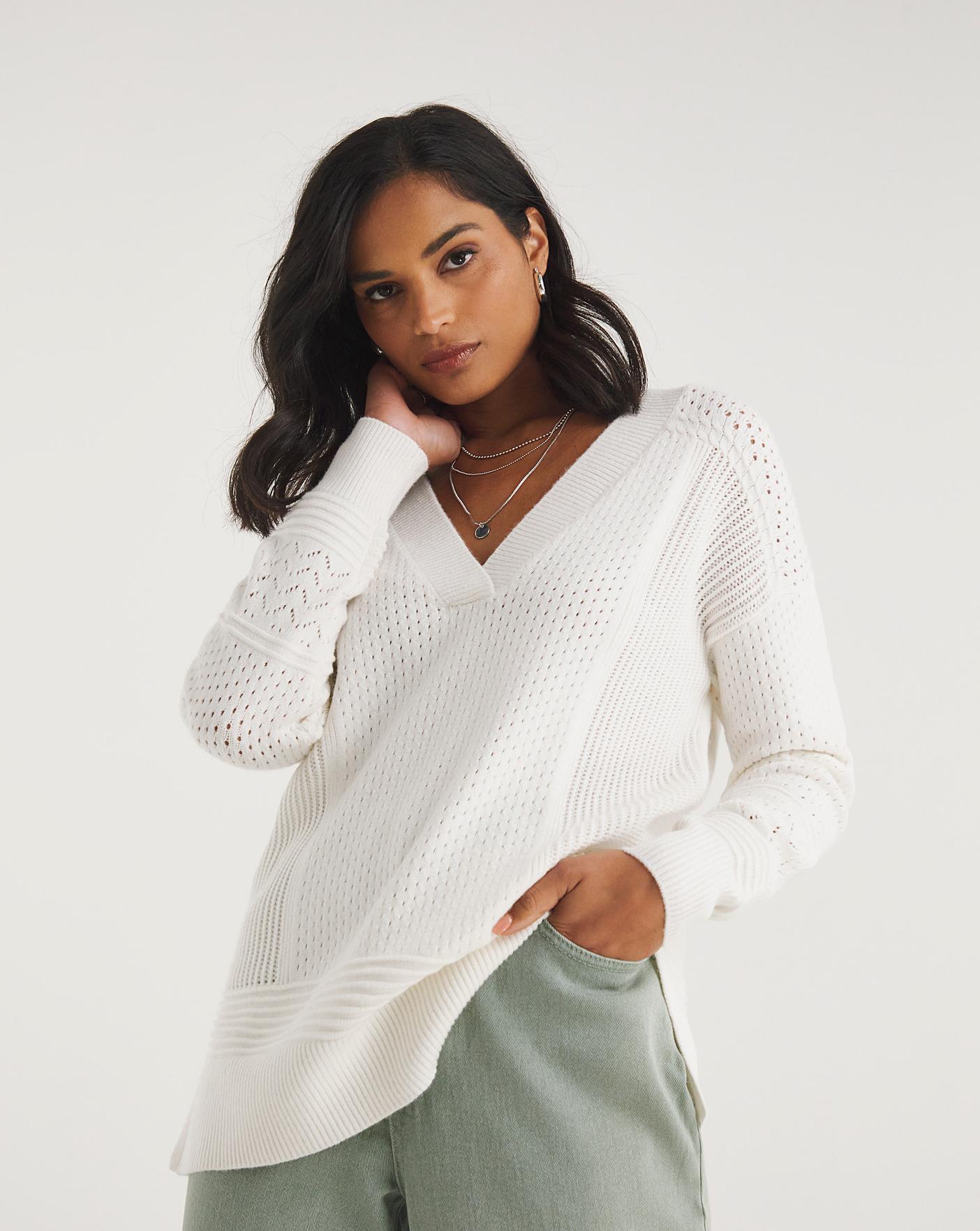 Ivory Multi Stitch Detail V Neck Jumper | Ambrose Wilson